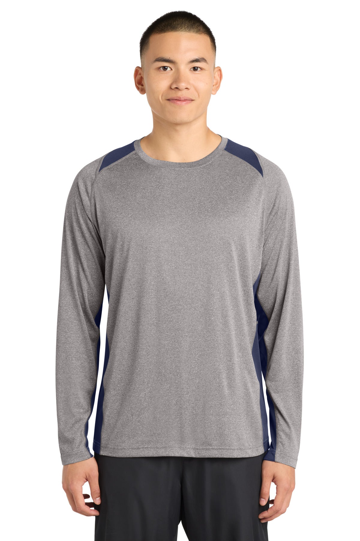 Sport-Tek Long Sleeve Heather Colorblock Contender Tee. ST361LS in Vintage Heather/ True Navy