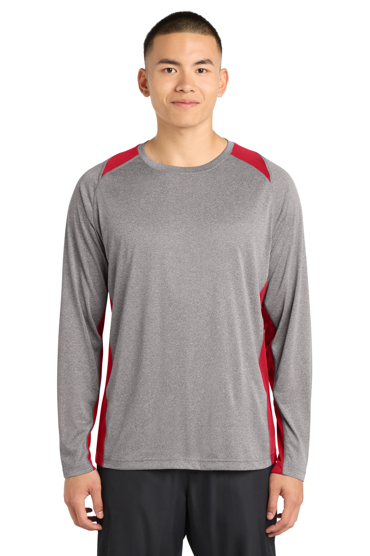 Sport-Tek Long Sleeve Heather Colorblock Contender Tee. ST361LS in Vintage Heather/ True Red
