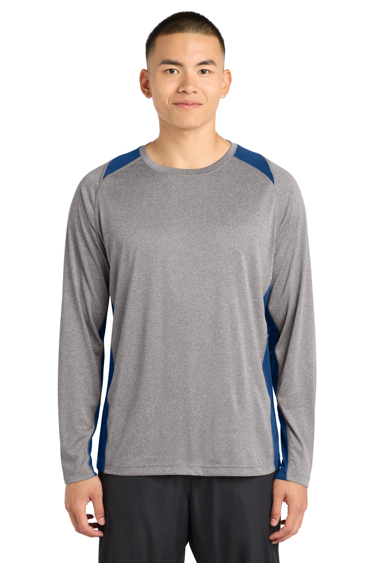 Sport-Tek Long Sleeve Heather Colorblock Contender Tee. ST361LS in Vintage Heather/ True Royal