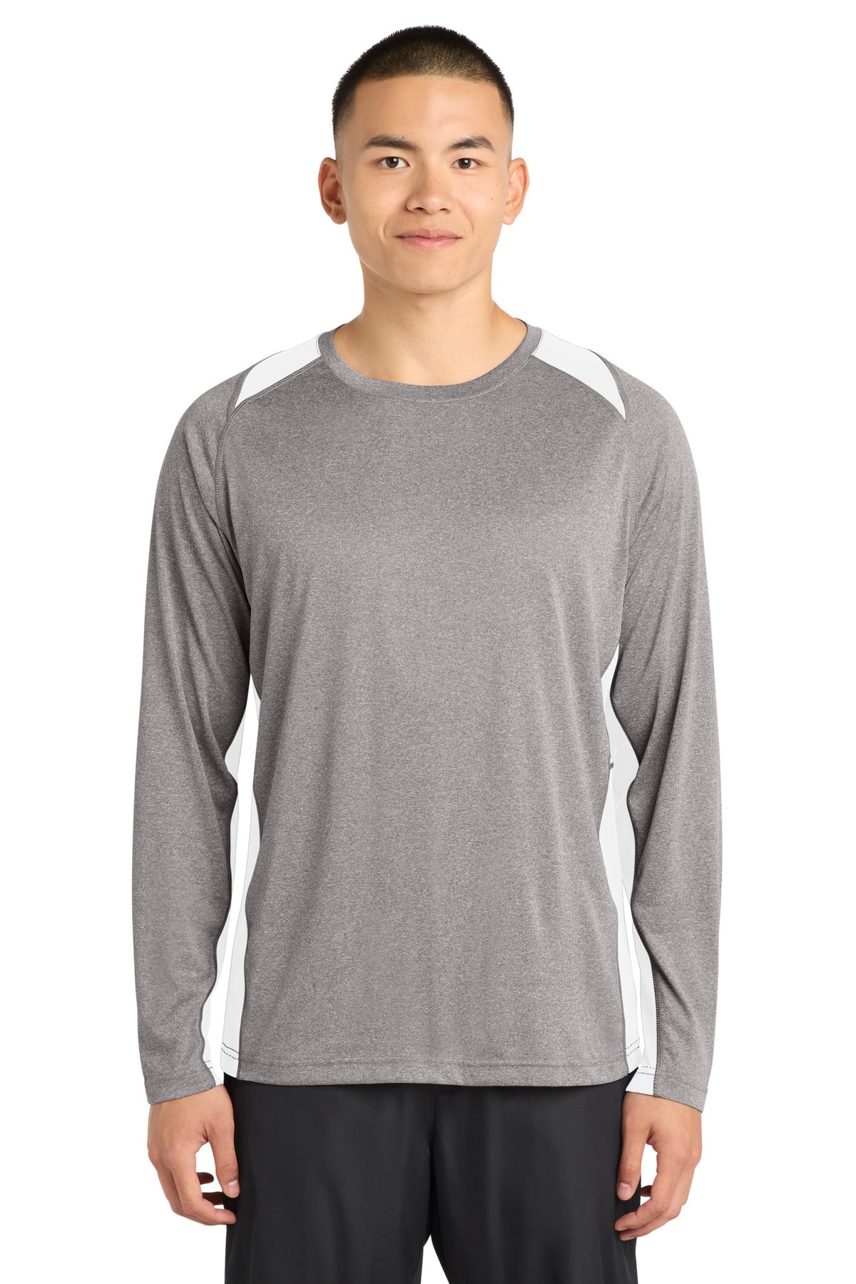 Sport-Tek Long Sleeve Heather Colorblock Contender Tee. ST361LS in Vintage Heather/ White