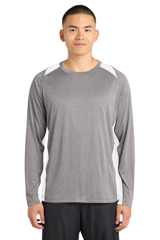 Sport-Tek Long Sleeve Heather Colorblock Contender Tee. ST361LS in Vintage Heather/ White