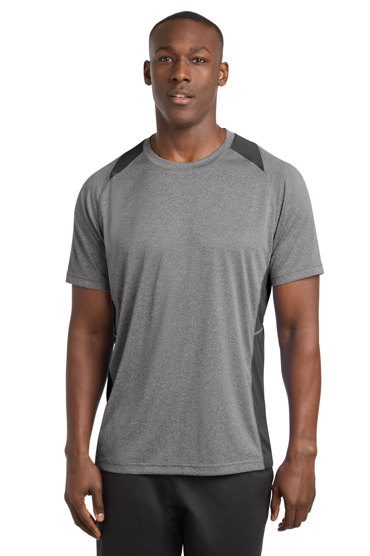 Sport-Tek Heather Colorblock Contender Tee. ST361 in Vintage Heather/ Black