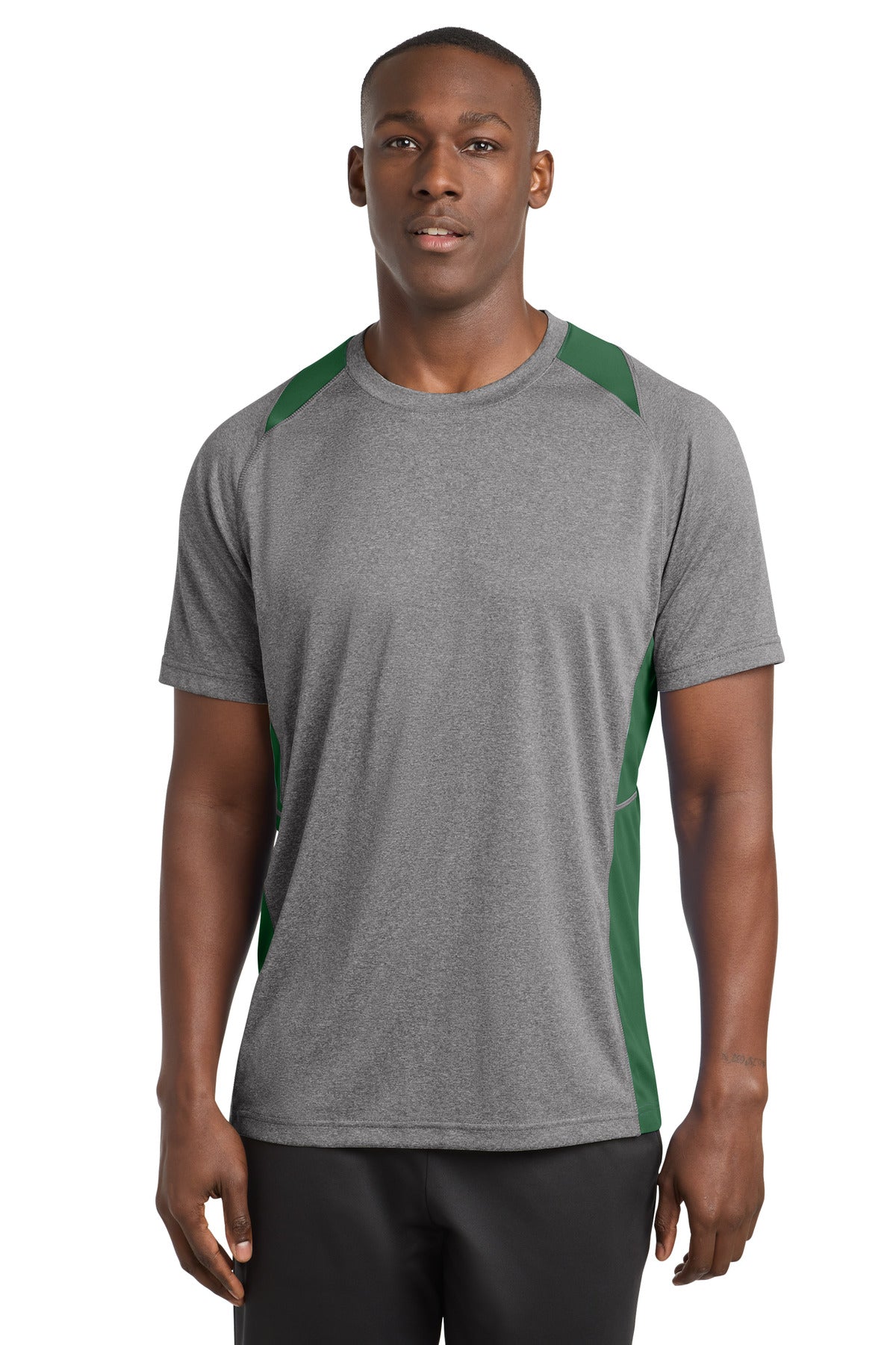 Sport-Tek Heather Colorblock Contender Tee. ST361 in Vintage Heather/ Forest Green