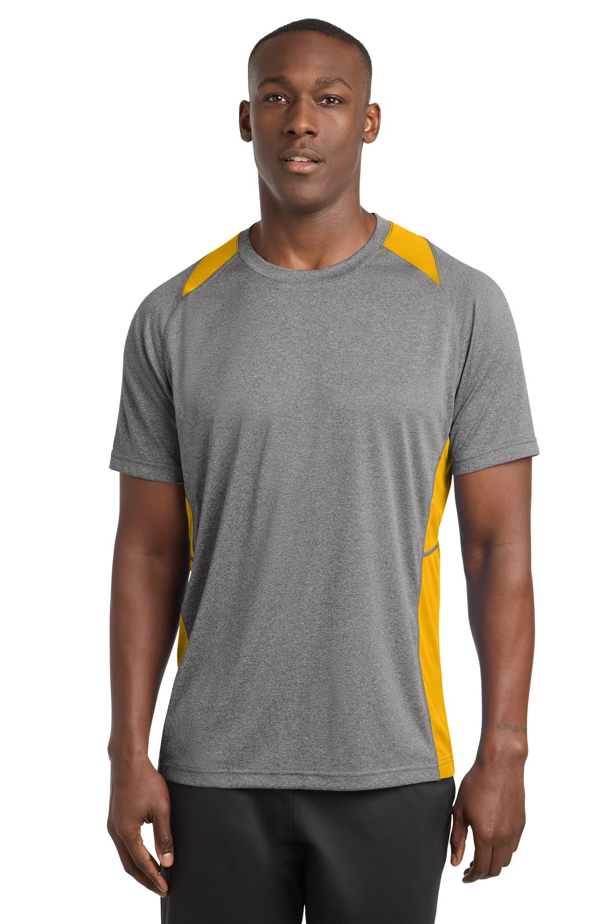 Sport-Tek Heather Colorblock Contender Tee. ST361 in Vintage Heather/ Gold
