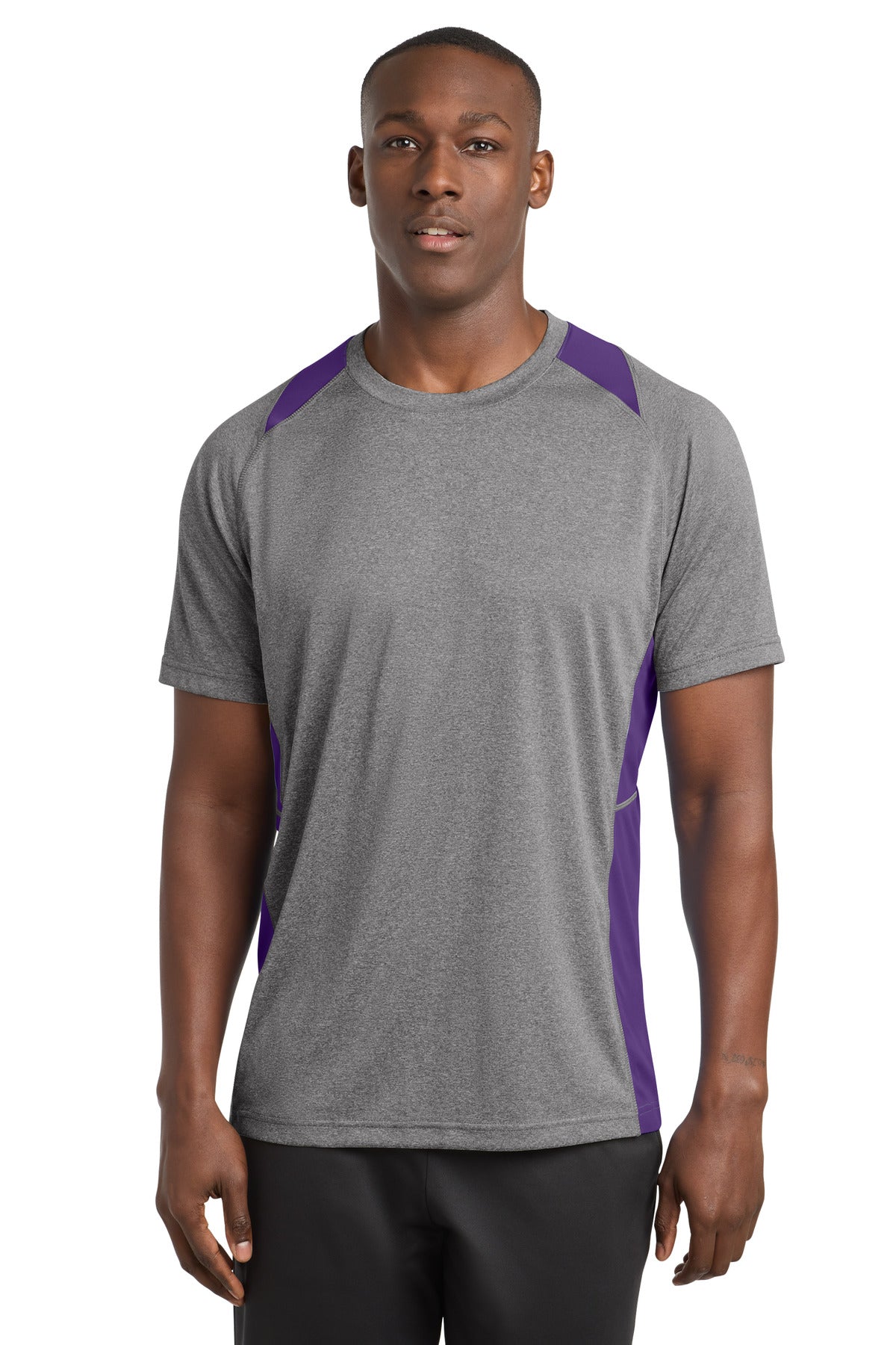 Sport-Tek Heather Colorblock Contender Tee. ST361 in Vintage Heather/ Purple