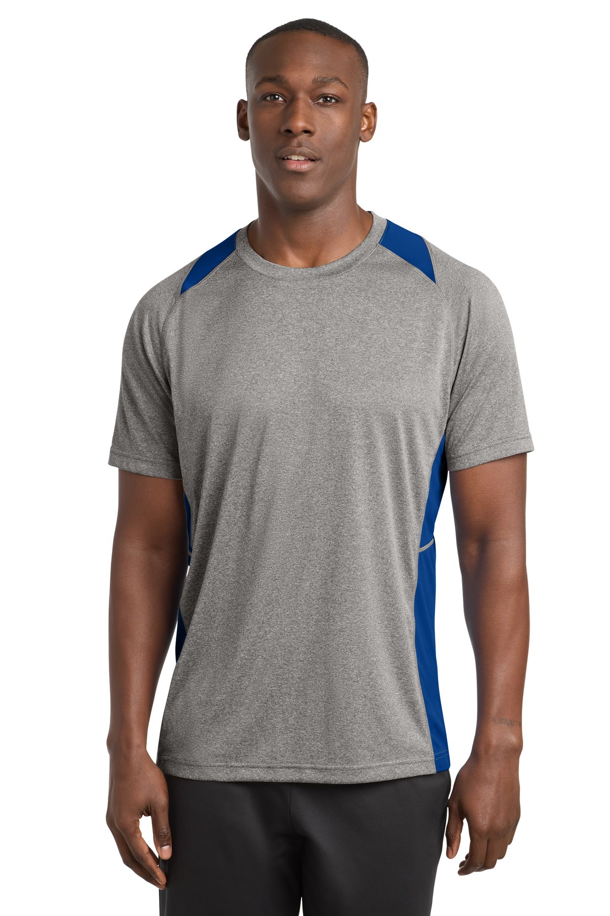 Sport-Tek Heather Colorblock Contender Tee. ST361 in Vintage Heather/ True Royal