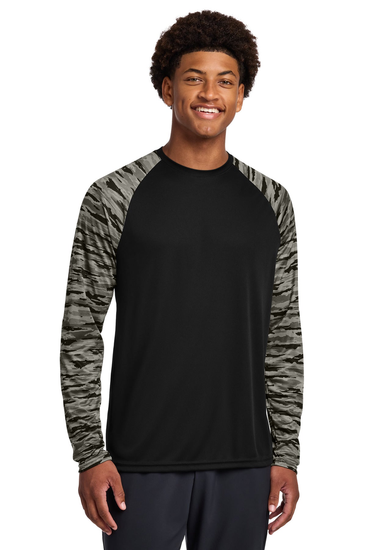 Sport-Tek Drift Camo Colorblock Long Sleeve Tee ST376LS in Black