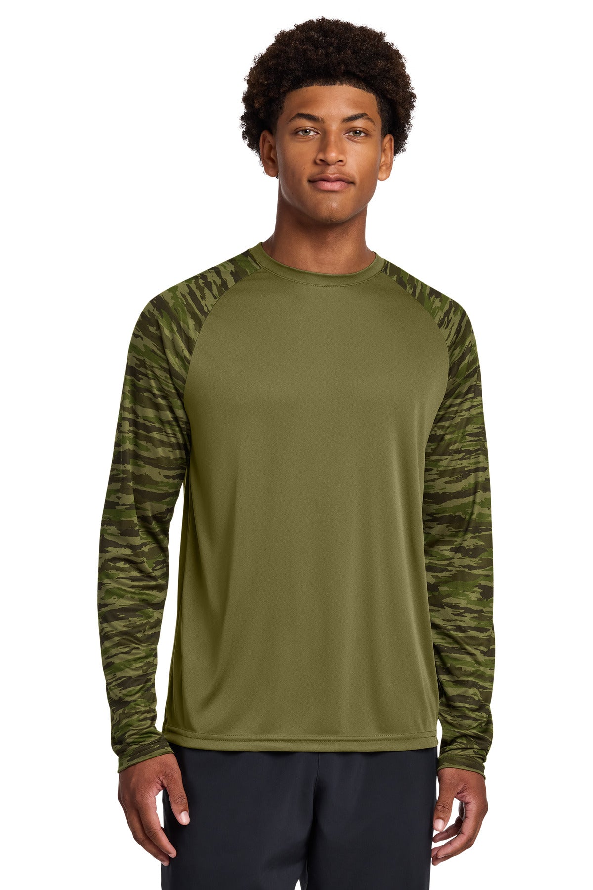 Sport-Tek Drift Camo Colorblock Long Sleeve Tee ST376LS in Olive Drab Green