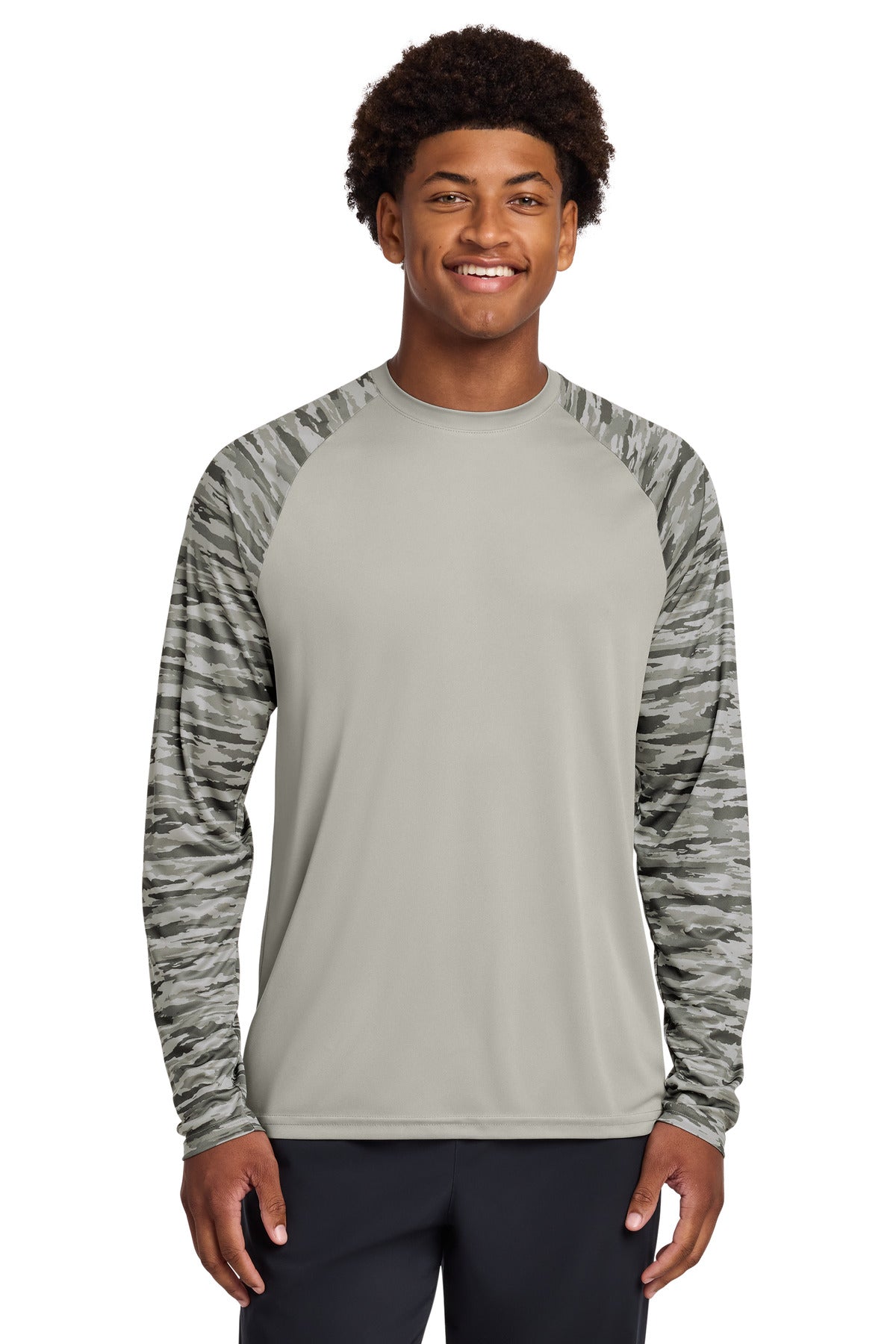 Sport-Tek Drift Camo Colorblock Long Sleeve Tee ST376LS in Silver