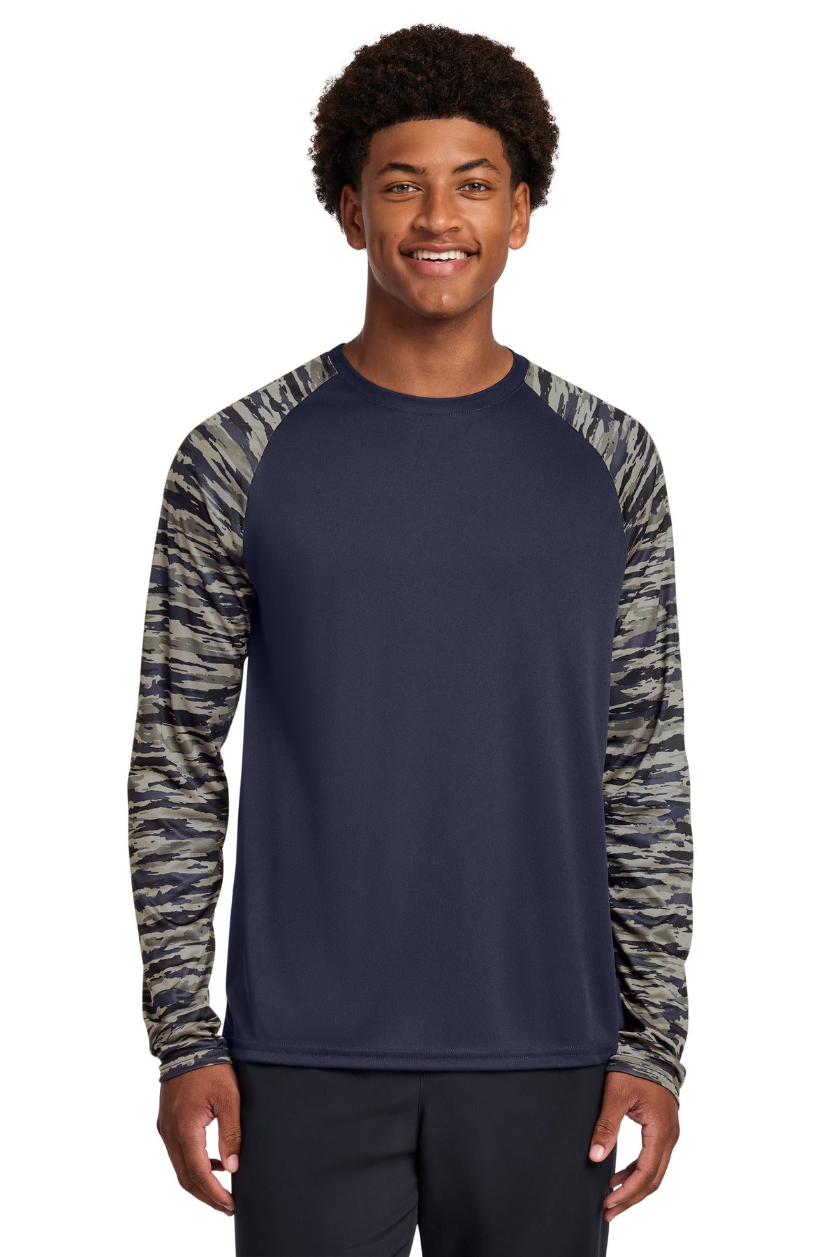 Sport-Tek Drift Camo Colorblock Long Sleeve Tee ST376LS in True Navy