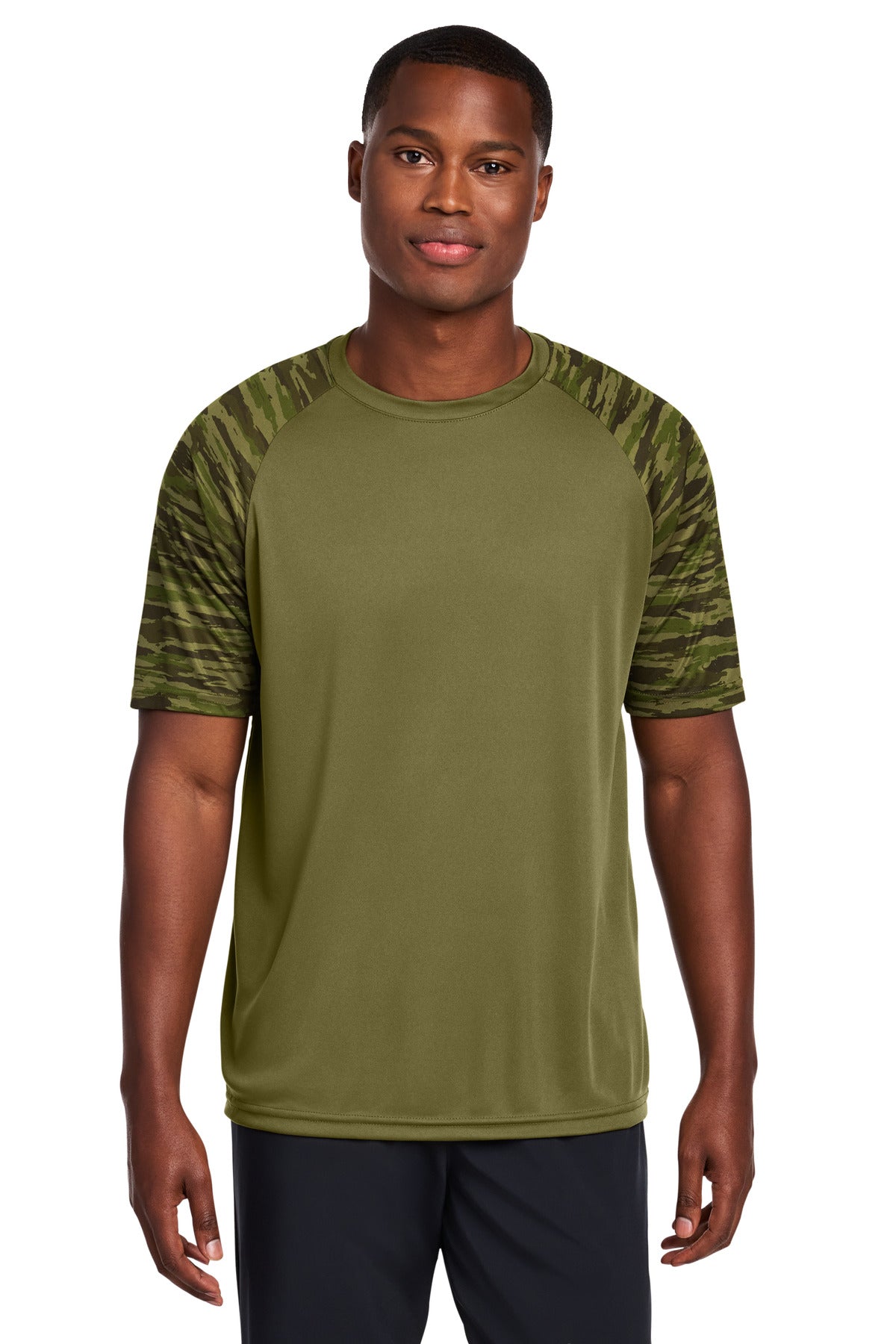 Sport-Tek Drift Camo Colorblock Tee ST376 in Olive Drab Green