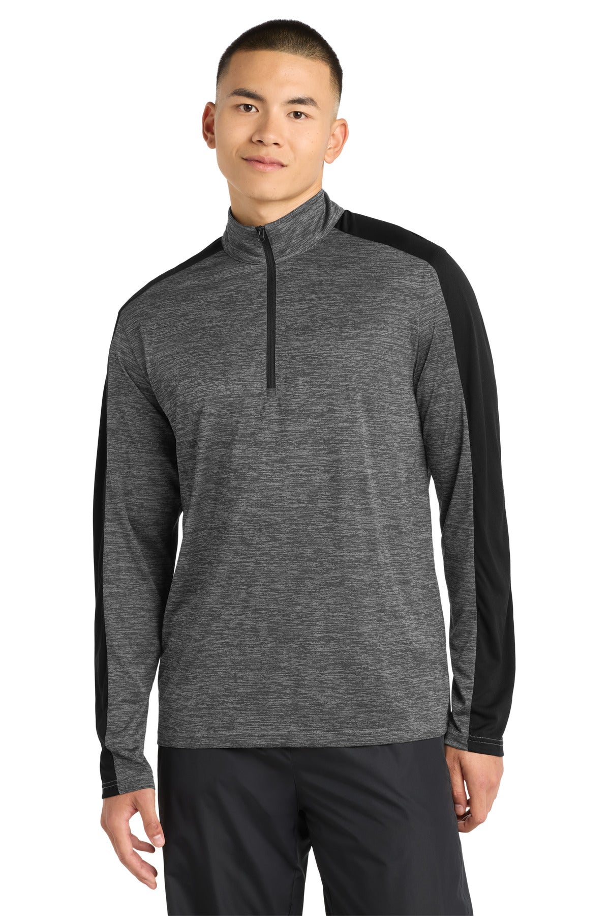 Sport-Tek PosiCharge Electric Heather Colorblock 1/4-Zip Pullover. ST397 in Grey-Black Electric/ Black