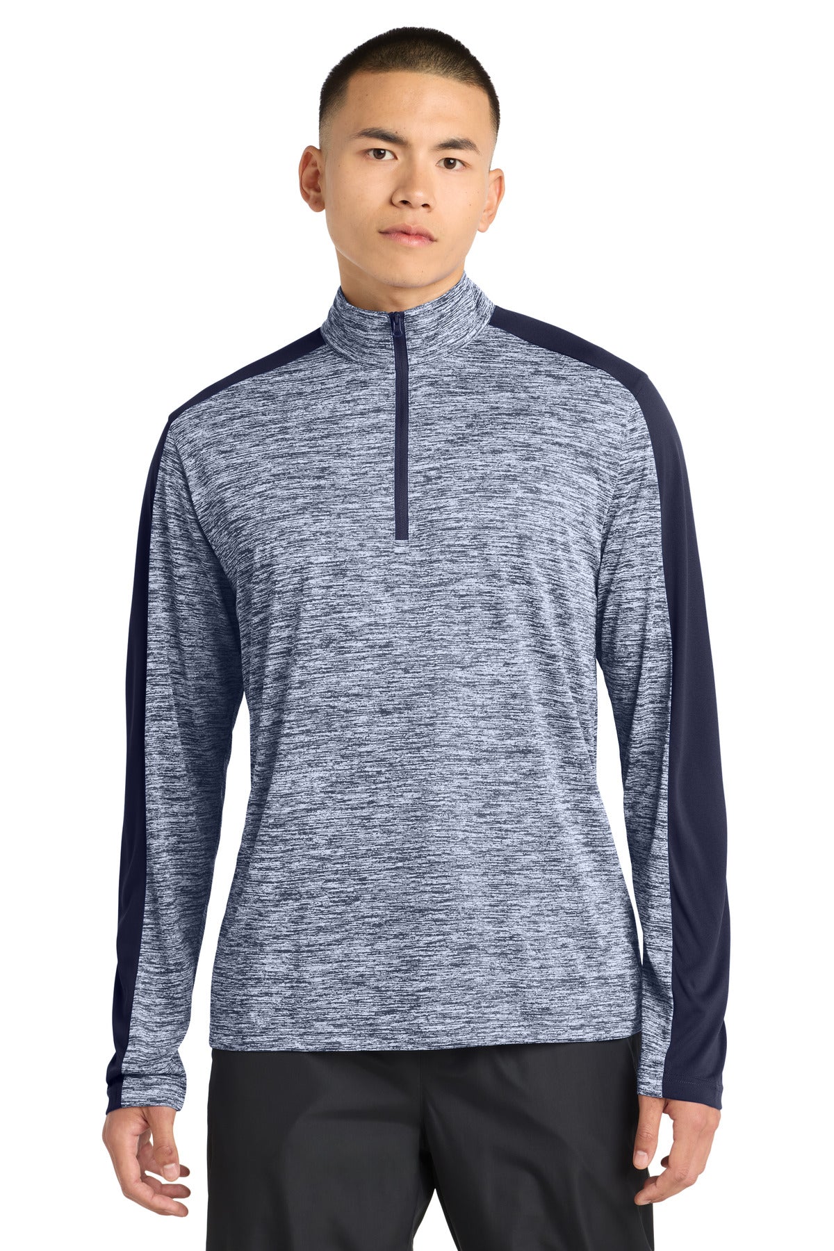 Sport-Tek PosiCharge Electric Heather Colorblock 1/4-Zip Pullover. ST397 in True Navy Electric/ True Navy