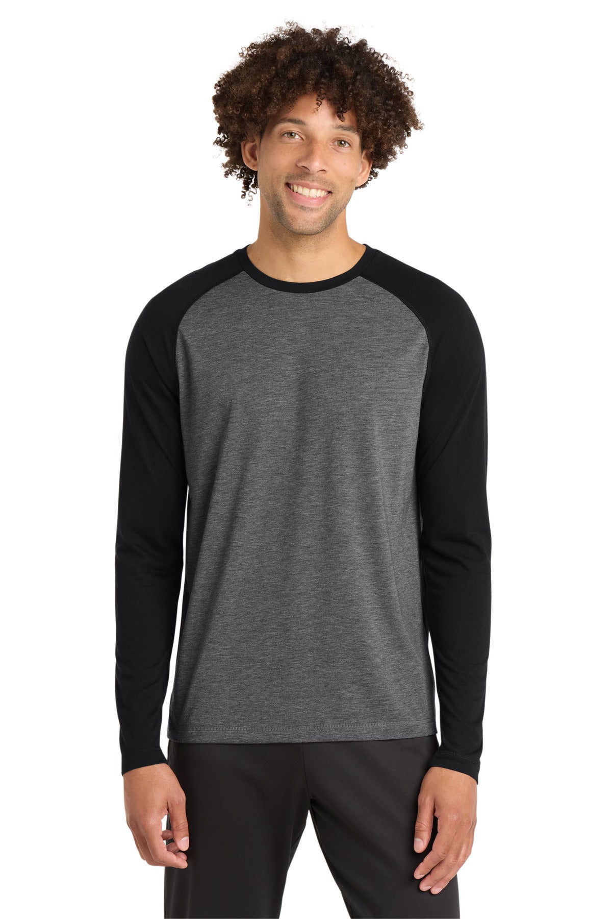 Sport-Tek  PosiCharge  Long Sleeve Tri-Blend Wicking Raglan Tee ST400LS in Black Triad Solid/ Dark Grey Heather