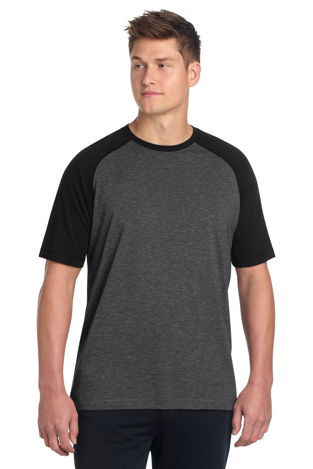 Sport-Tek  PosiCharge  Tri-Blend Wicking Raglan Tee. ST400 in Black Triad Solid/ Dark Grey Heather