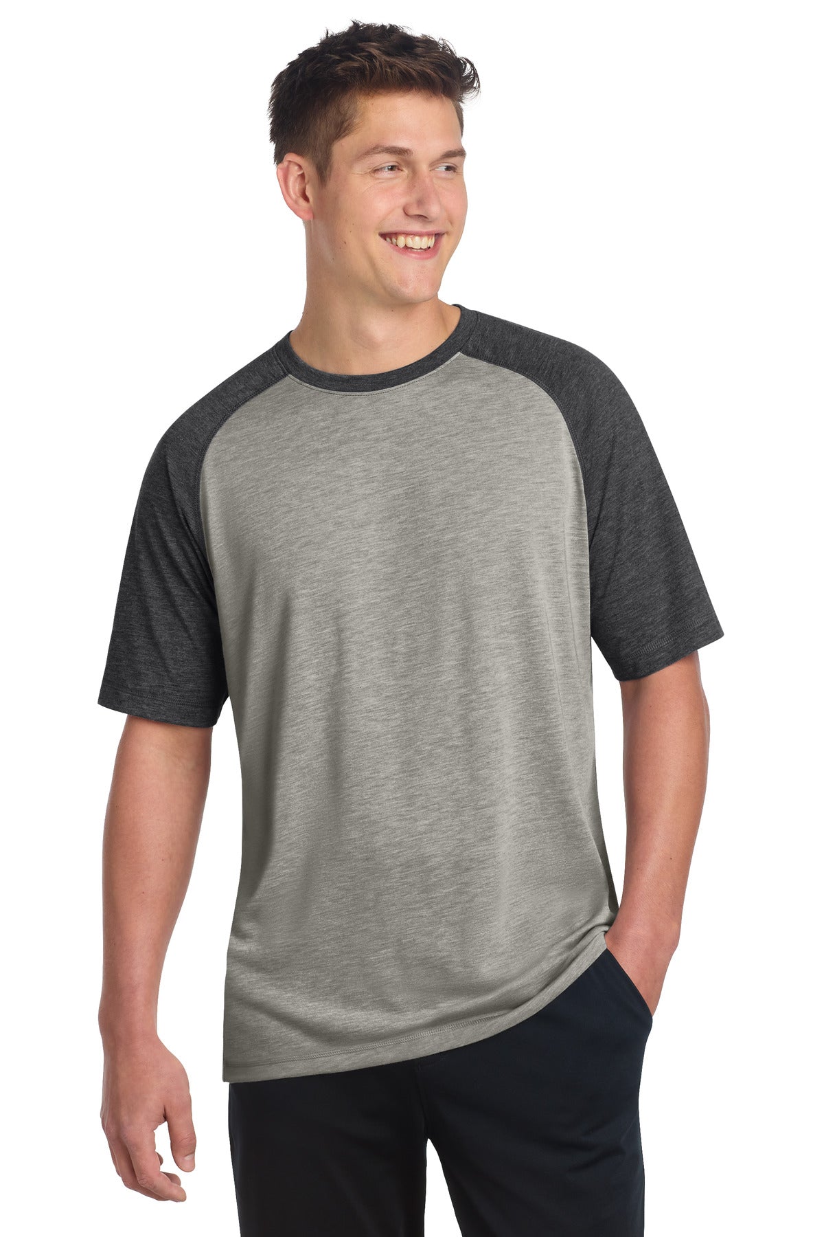 Sport-Tek  PosiCharge  Tri-Blend Wicking Raglan Tee. ST400 in Dark Grey Heather/ Light Grey Heather