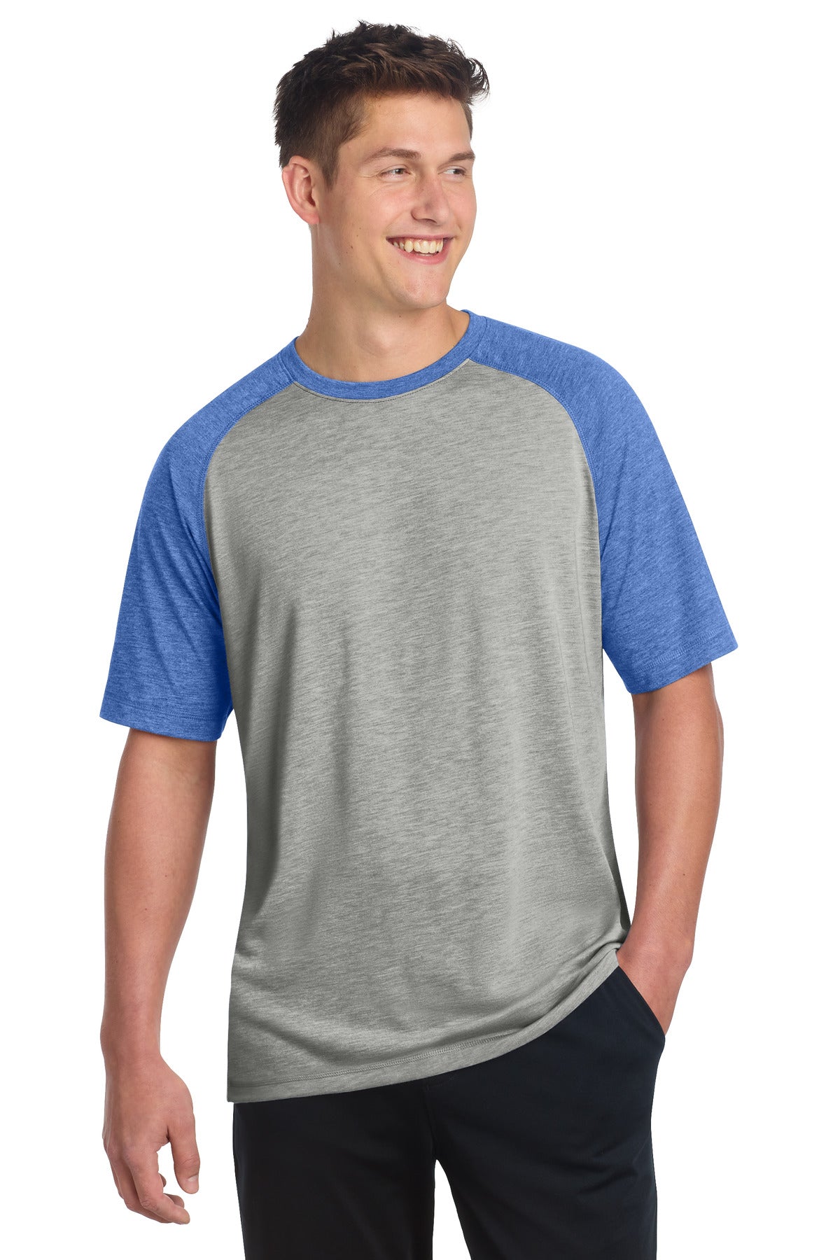 Sport-Tek  PosiCharge  Tri-Blend Wicking Raglan Tee. ST400 in True Royal Heather/ Light Grey Heather