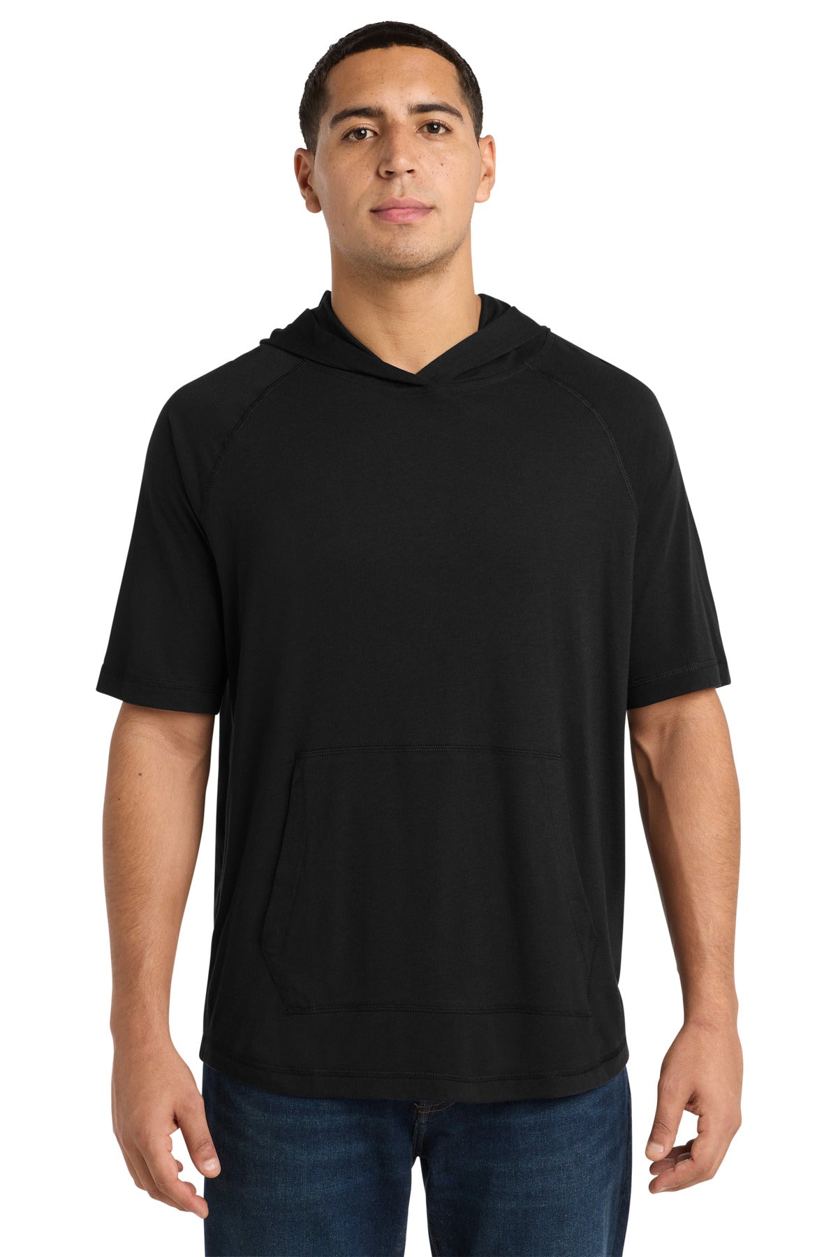 Sport-Tek  PosiCharge  Tri-Blend Wicking Short Sleeve Hoodie. ST404 in Black Triad Solid