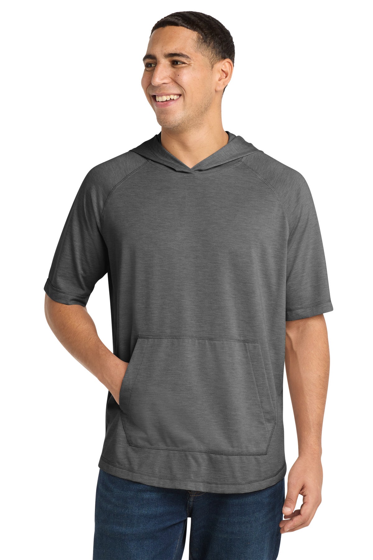 Sport-Tek  PosiCharge  Tri-Blend Wicking Short Sleeve Hoodie. ST404 in Dark Grey Heather