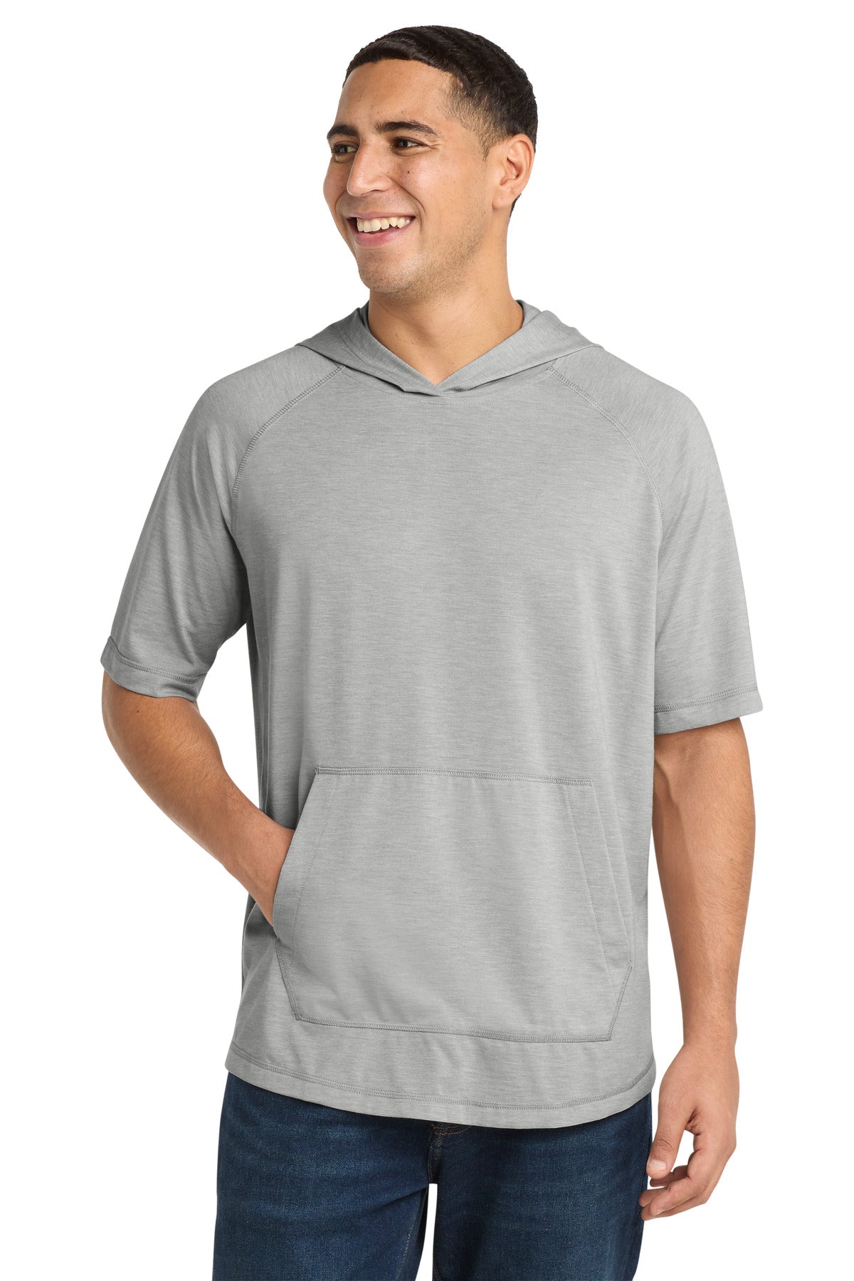 Sport-Tek  PosiCharge  Tri-Blend Wicking Short Sleeve Hoodie. ST404 in Light Grey Heather