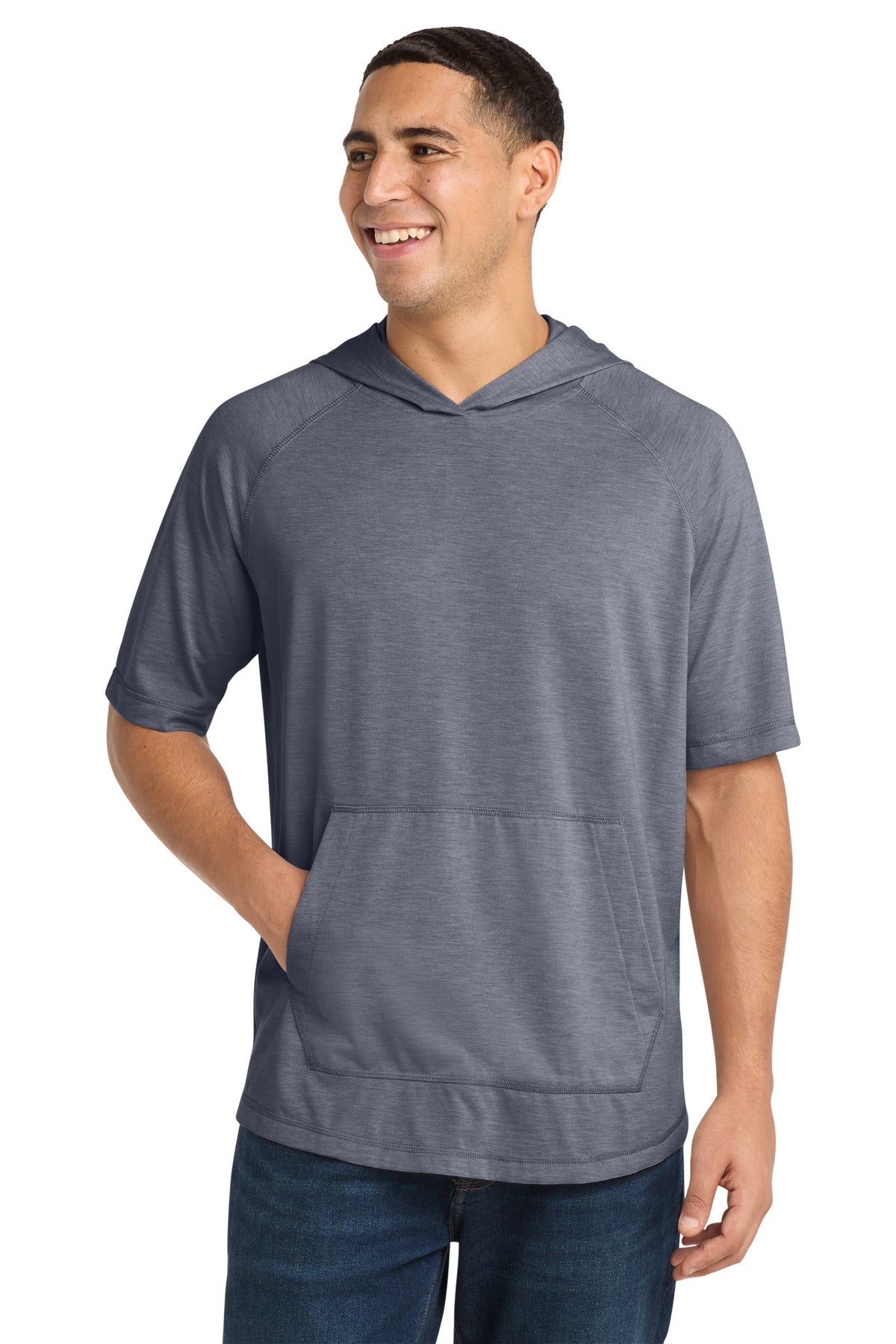 Sport-Tek  PosiCharge  Tri-Blend Wicking Short Sleeve Hoodie. ST404 in True Navy Heather