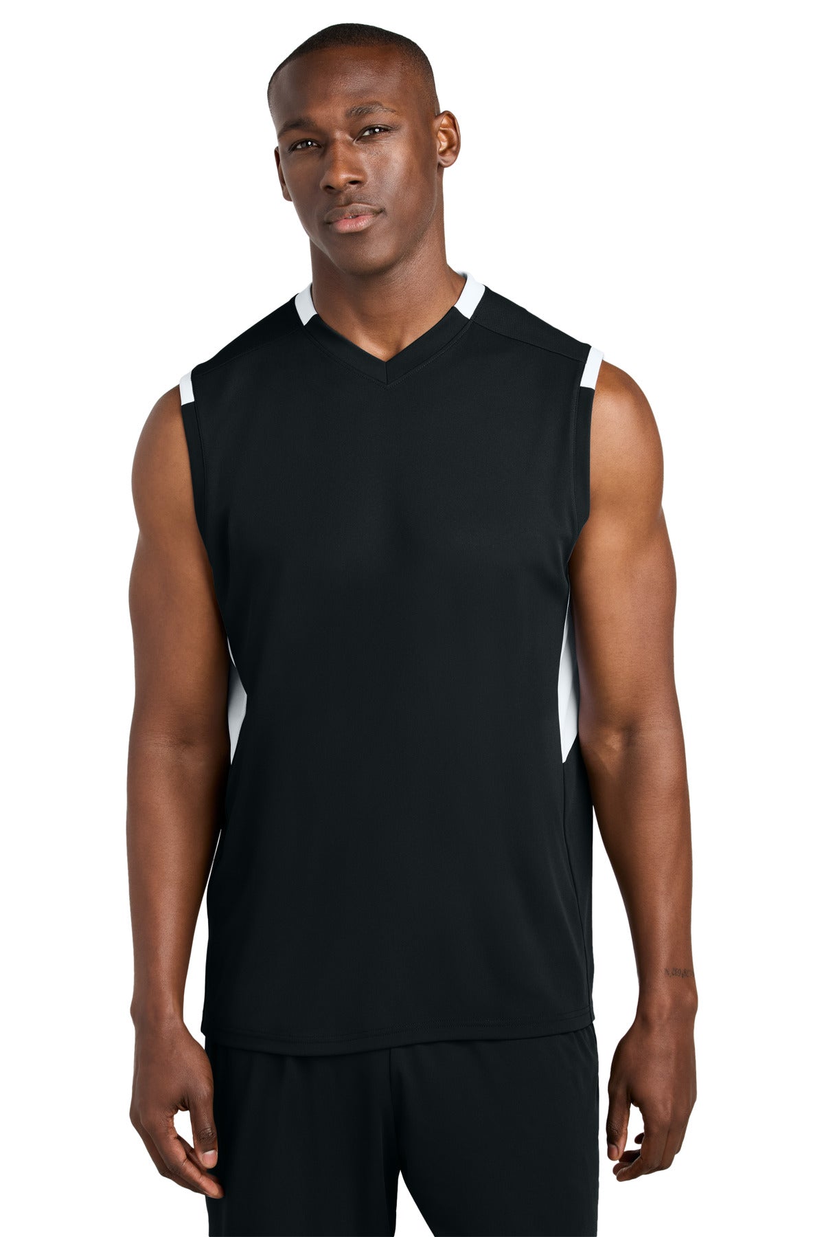 Sport-Tek Club Sleeveless V-Neck ST441 in Black/ White