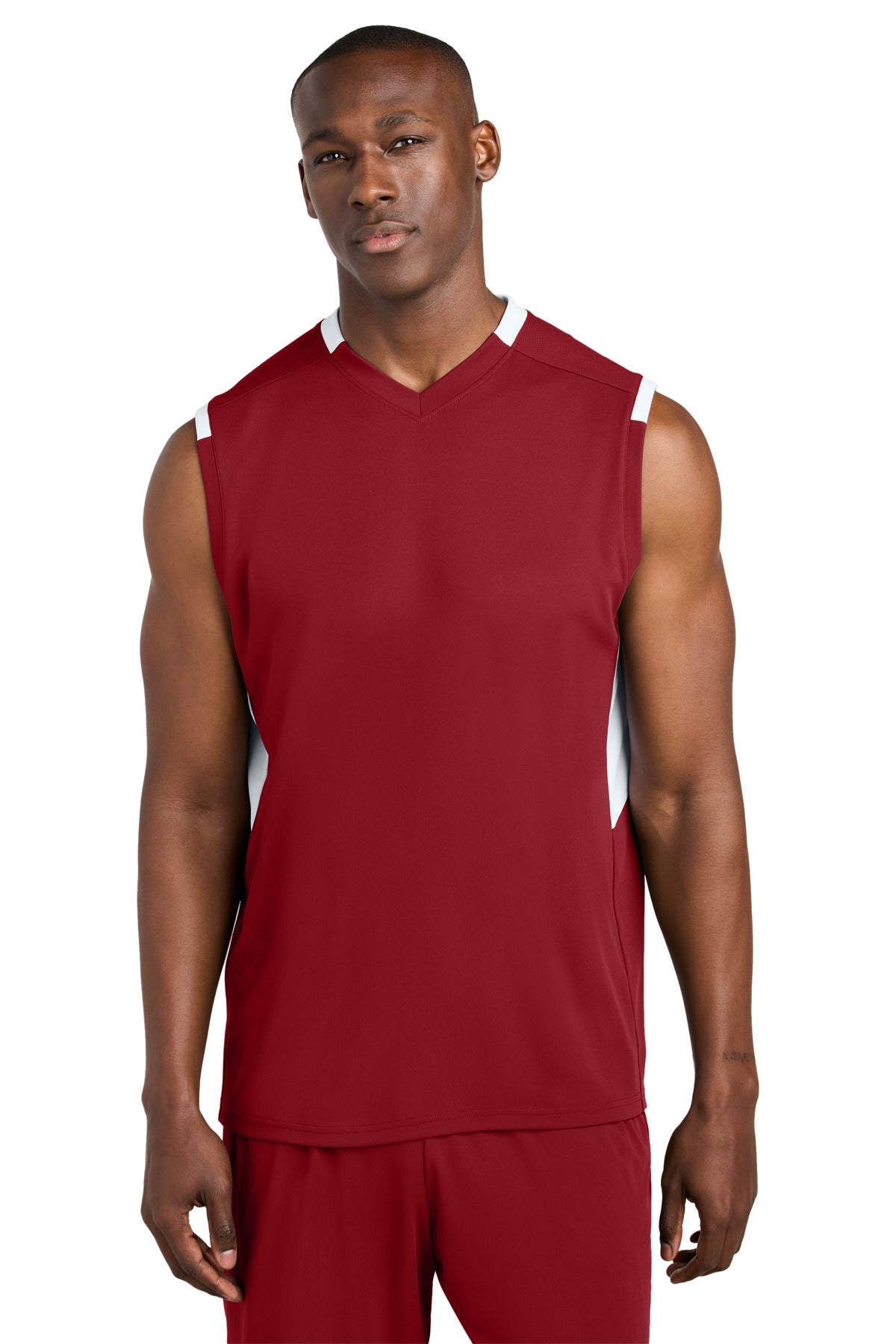 Sport-Tek Club Sleeveless V-Neck ST441 in Deep Red/ White