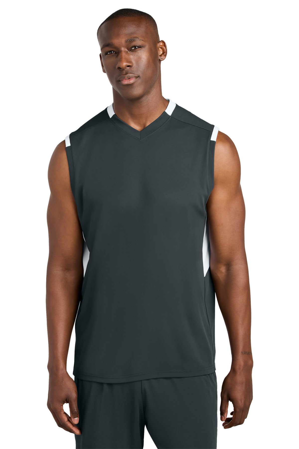 Sport-Tek Club Sleeveless V-Neck ST441 in Iron Grey/ White