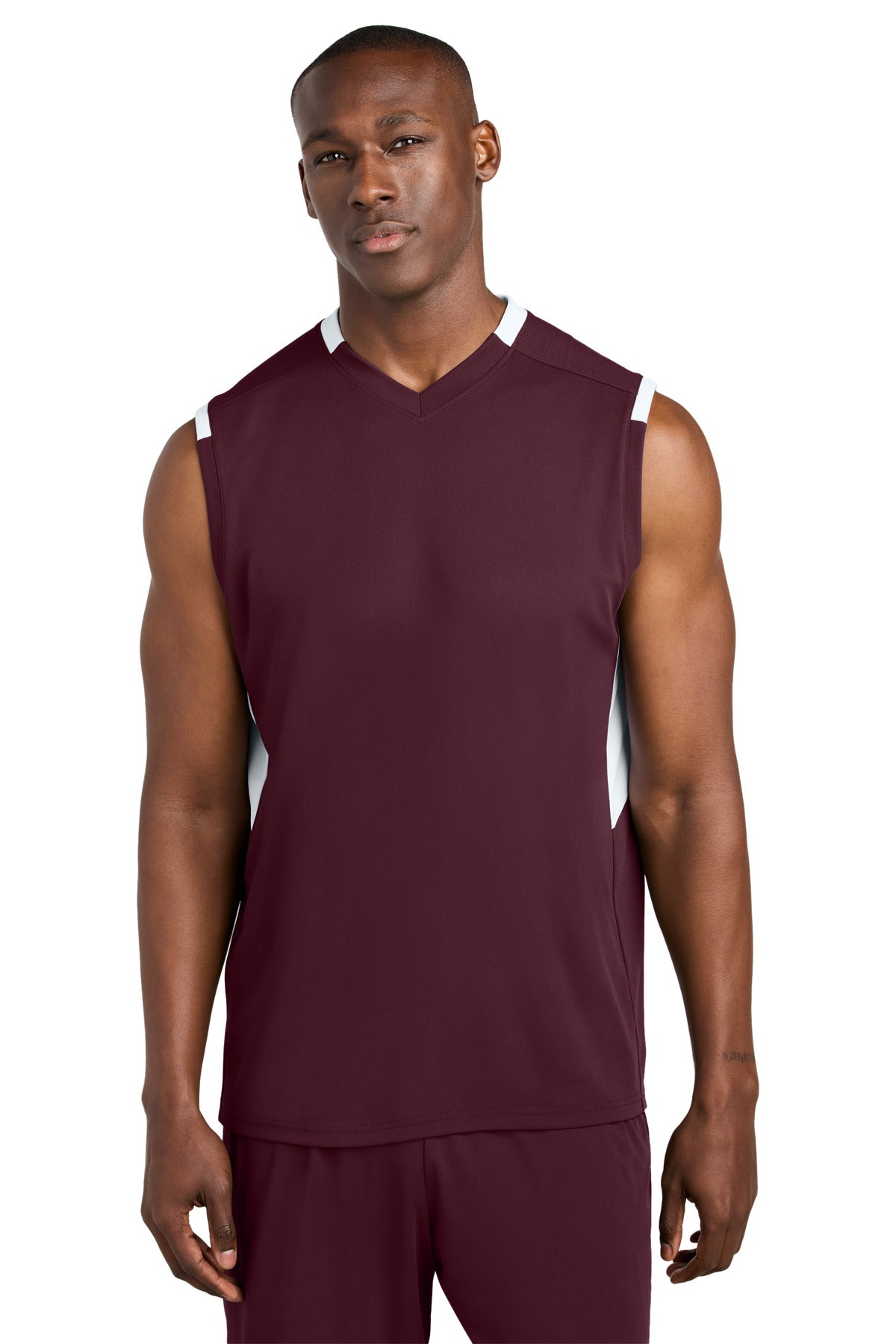 Sport-Tek Club Sleeveless V-Neck ST441 in Maroon/ White