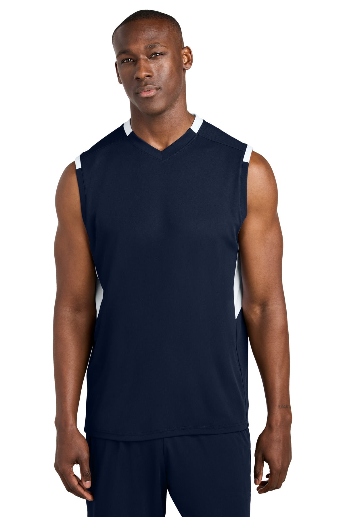 Sport-Tek Club Sleeveless V-Neck ST441 in True Navy/ White