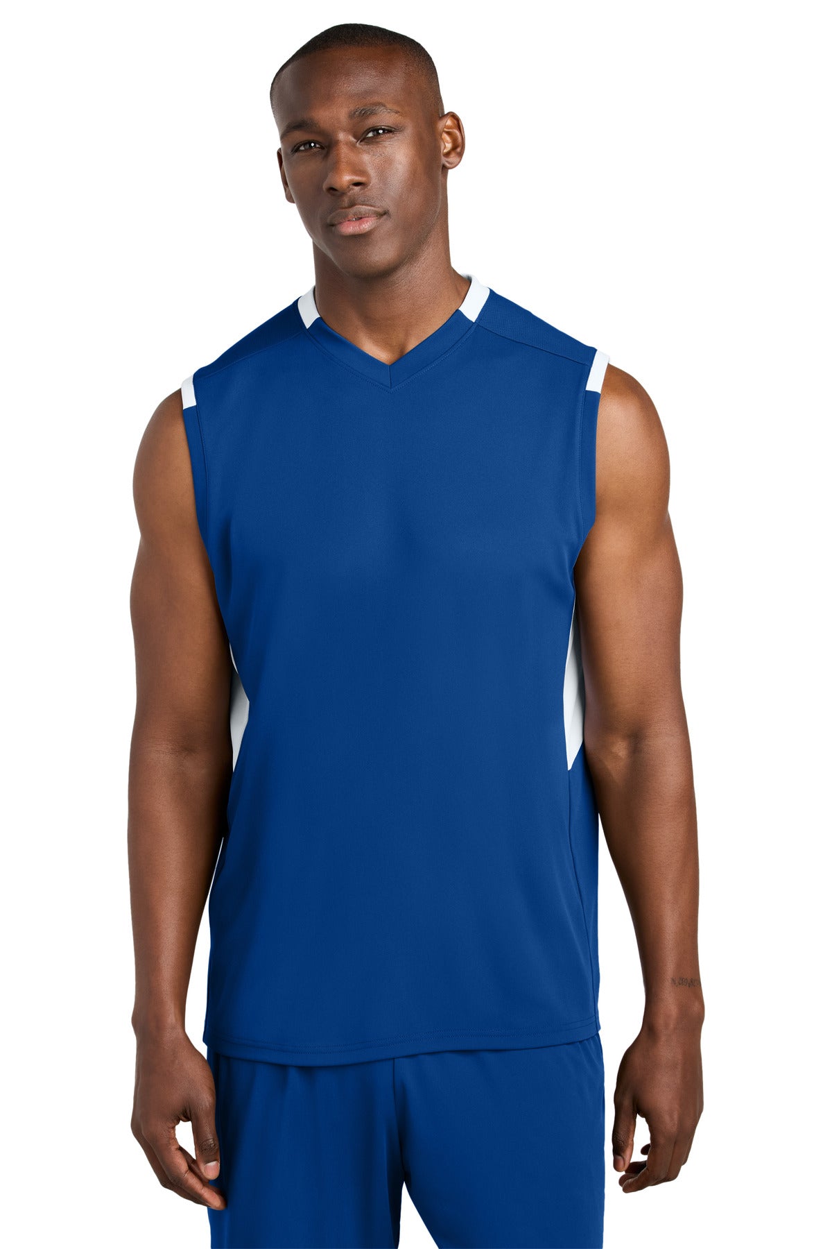 Sport-Tek Club Sleeveless V-Neck ST441 in True Royal/ White