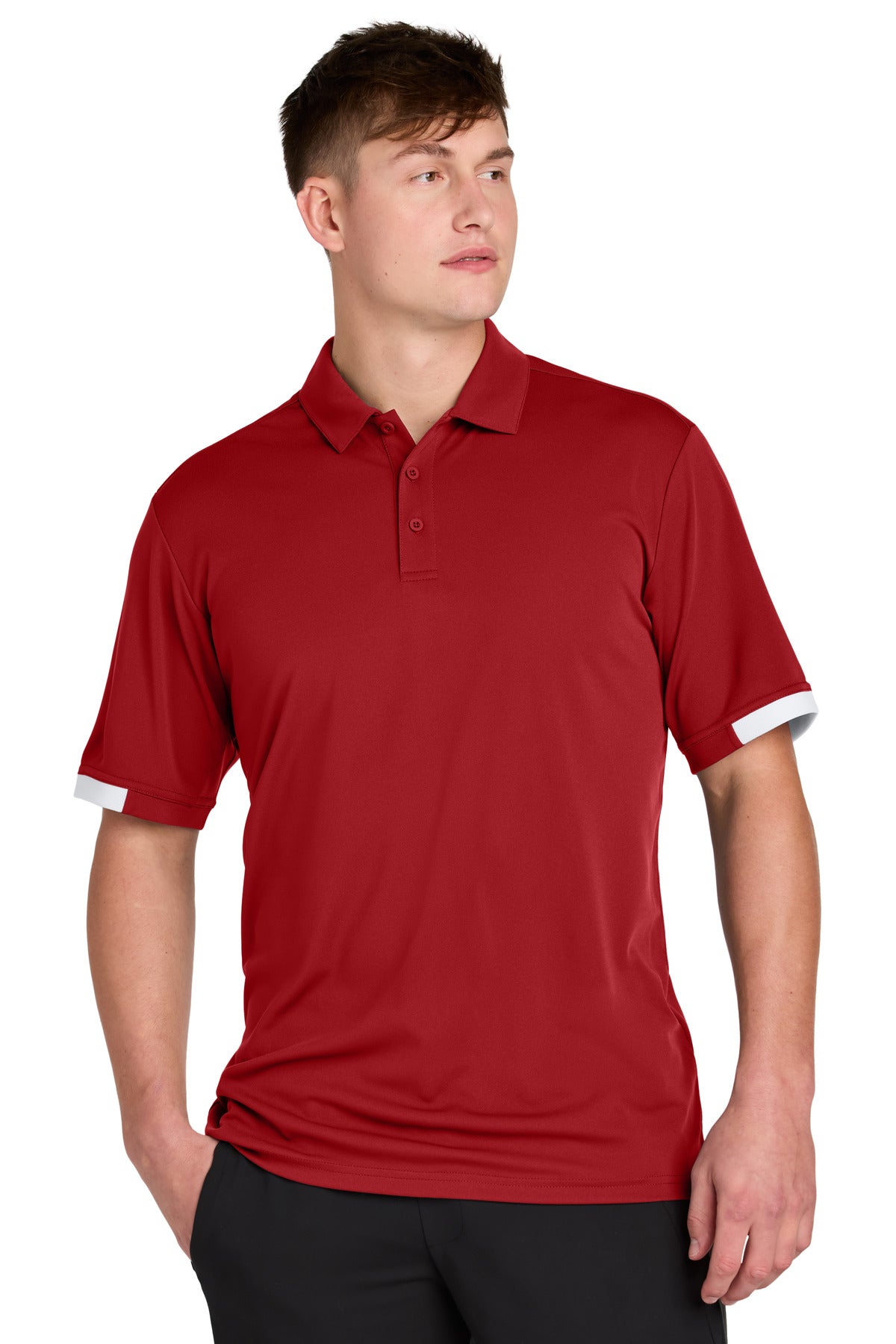 Sport-Tek Club Colorblock Polo ST444 in Deep Red/ White