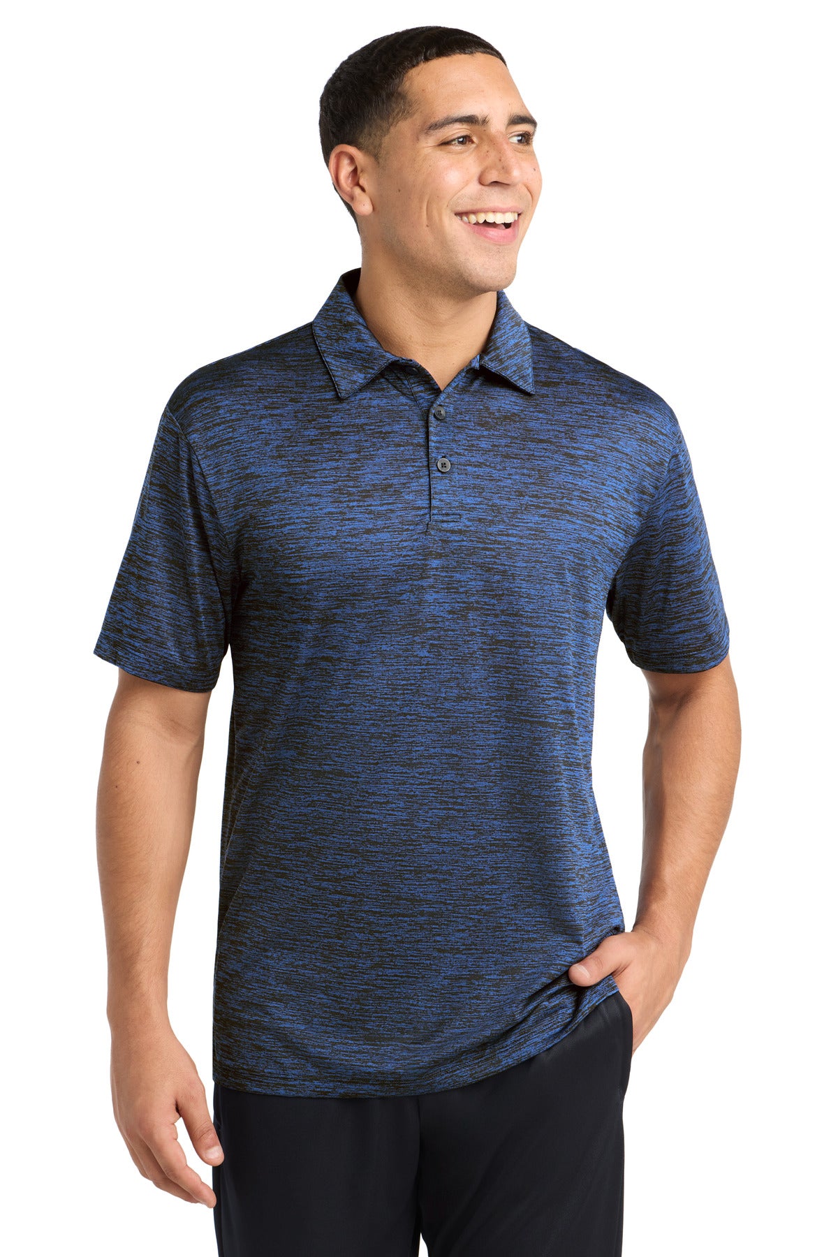 Sport-Tek  PosiCharge  Electric Heather Polo. ST590 in Dark Royal-Black Electric