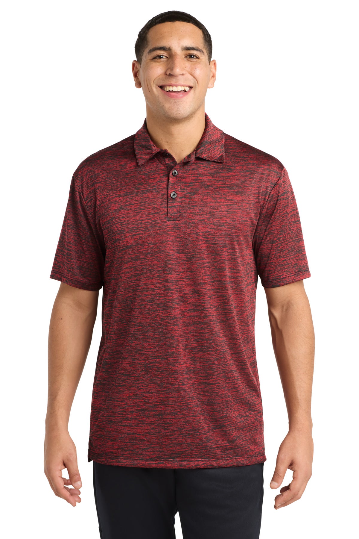 Sport-Tek  PosiCharge  Electric Heather Polo. ST590 in Deep Red-Black Electric
