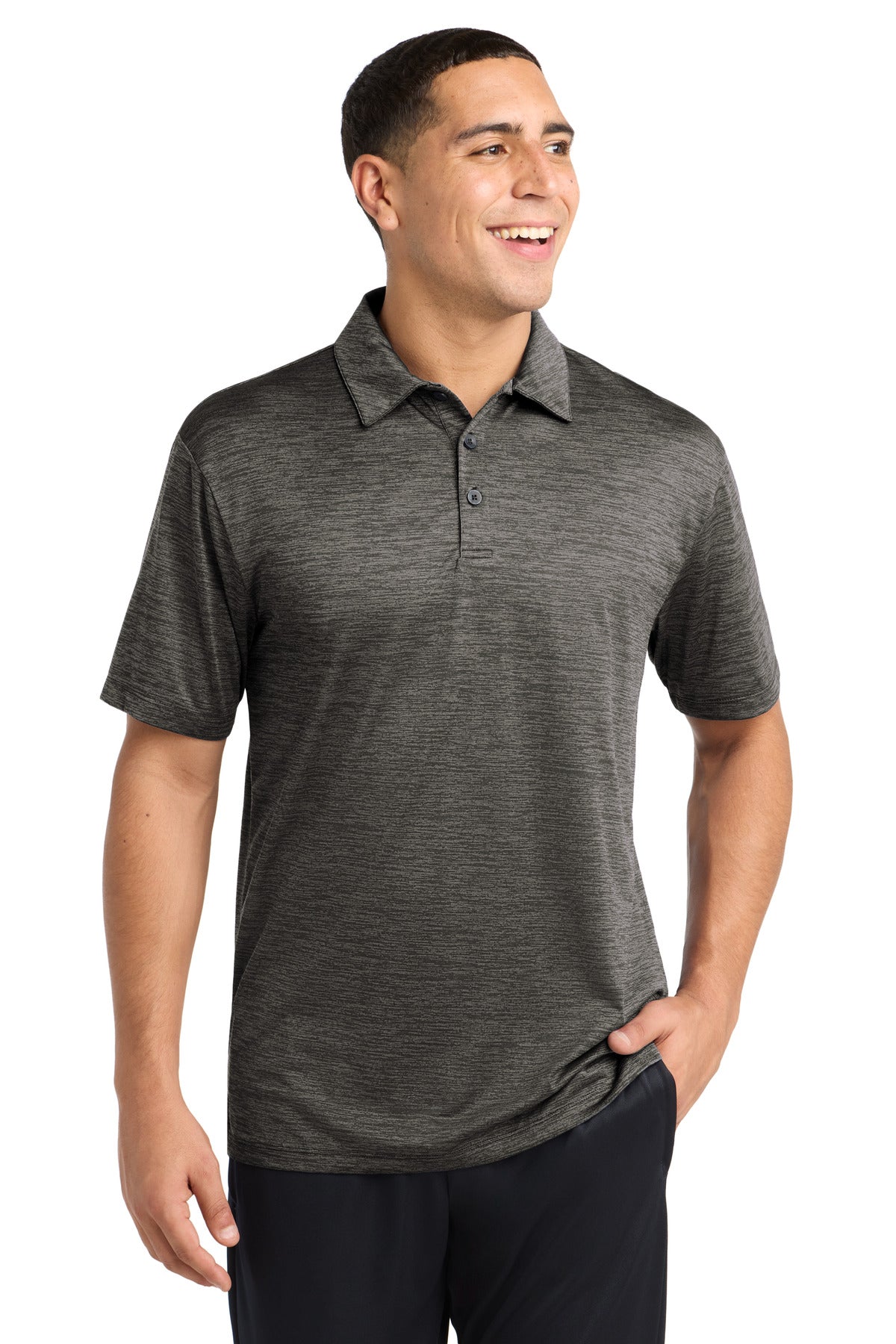 Sport-Tek  PosiCharge  Electric Heather Polo. ST590 in Grey-Black Electric