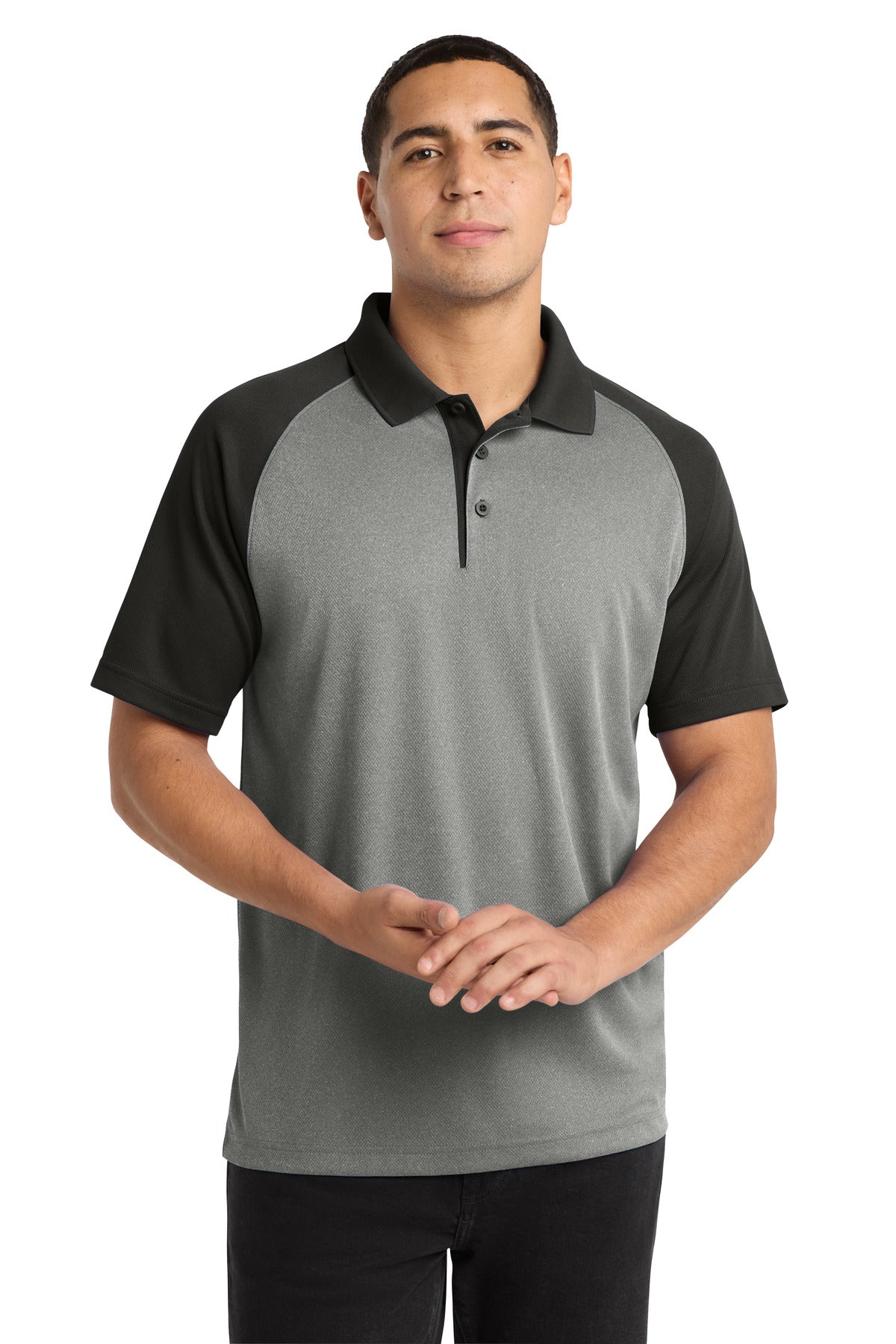 Sport-Tek  PosiCharge  RacerMesh  Raglan Heather Block Polo. ST641 in Grey Heather/ Black