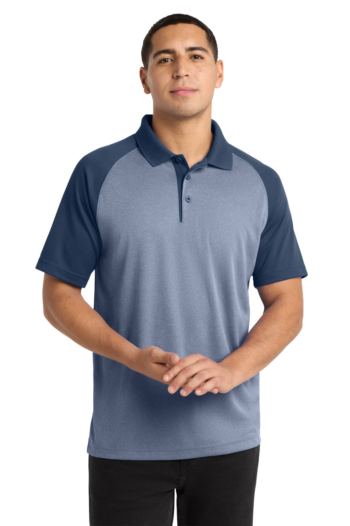 Sport-Tek  PosiCharge  RacerMesh  Raglan Heather Block Polo. ST641 in True Navy Heather/ True Navy