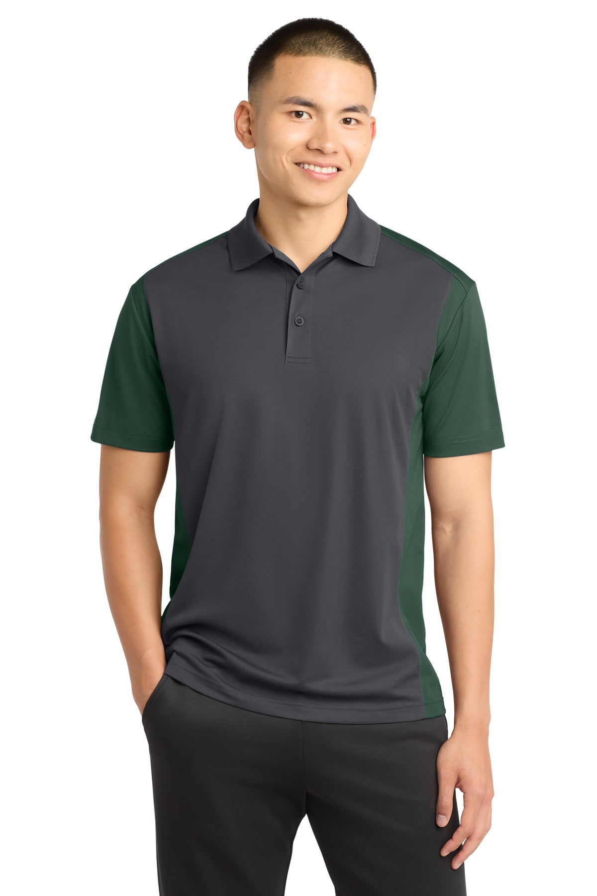 Sport-Tek Colorblock Micropique Sport-Wick Polo. ST652 in Iron Grey/ Forest Green