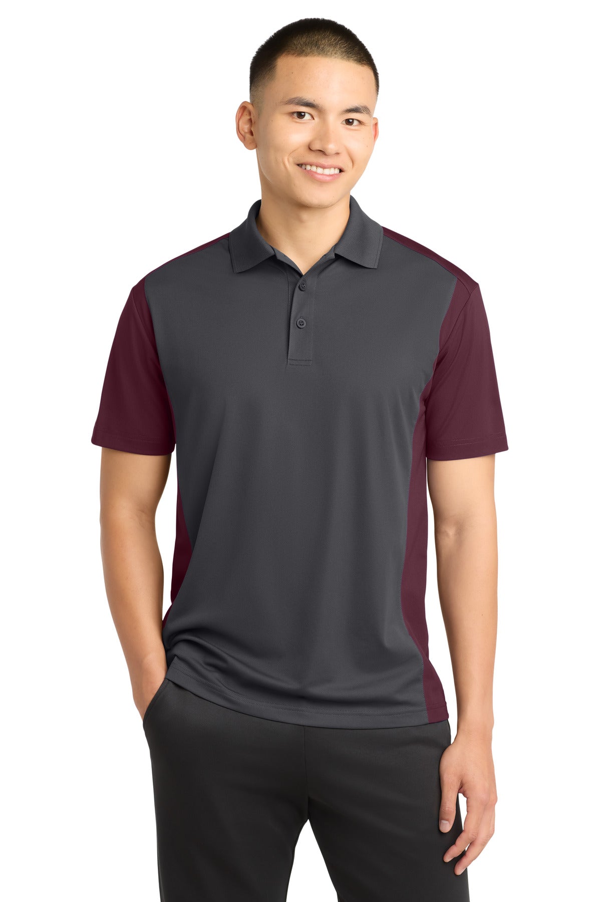 Sport-Tek Colorblock Micropique Sport-Wick Polo. ST652 in Iron Grey/ Maroon