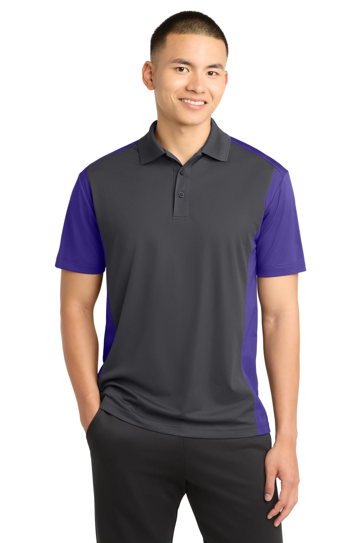 Sport-Tek Colorblock Micropique Sport-Wick Polo. ST652 in Iron Grey/ Purple