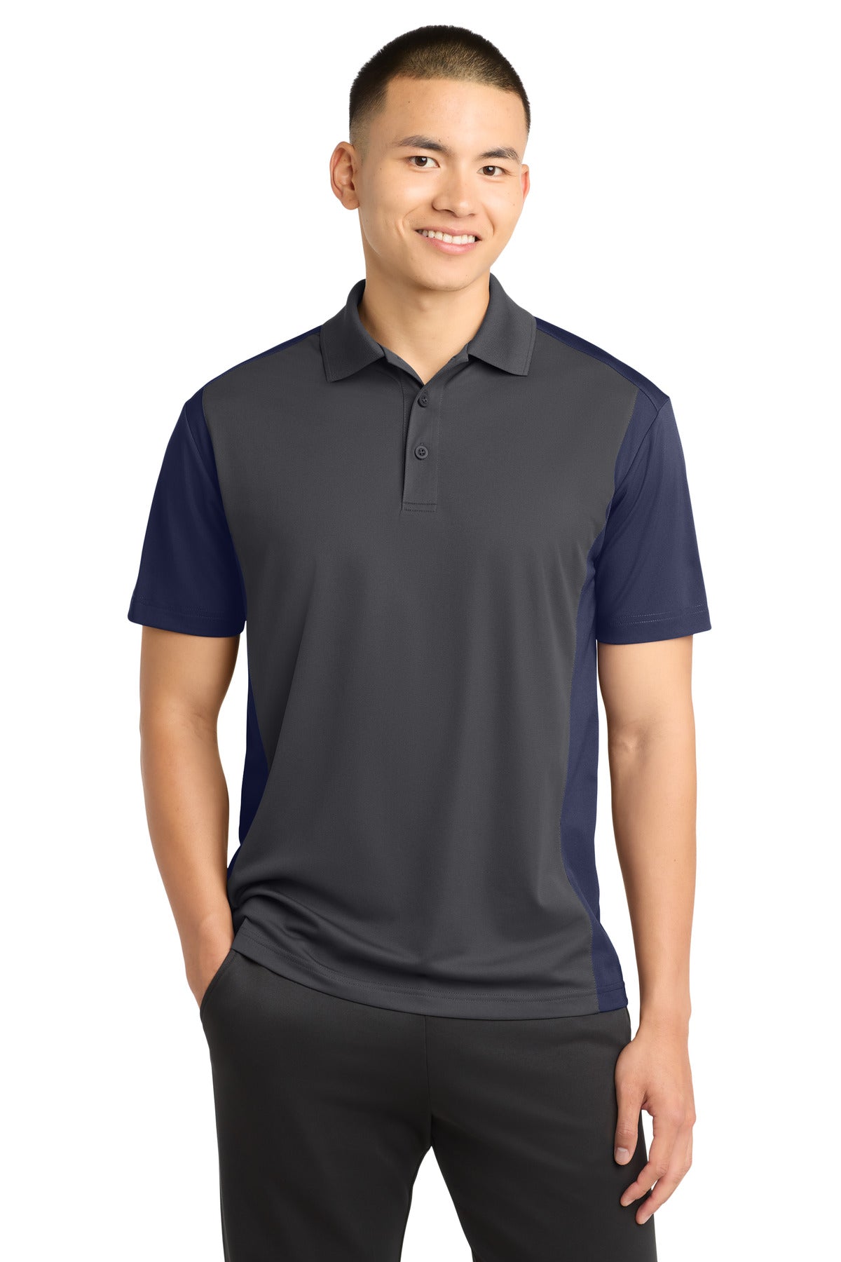 Sport-Tek Colorblock Micropique Sport-Wick Polo. ST652 in Iron Grey/ True Navy