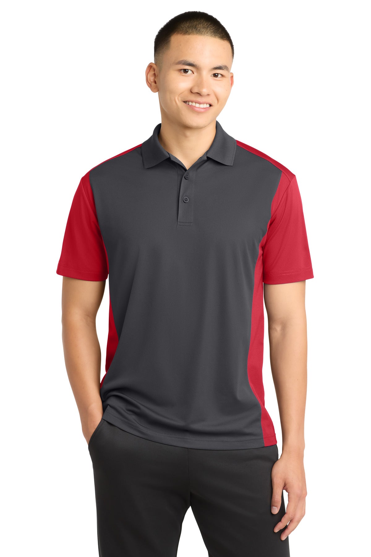 Sport-Tek Colorblock Micropique Sport-Wick Polo. ST652 in Iron Grey/ True Red