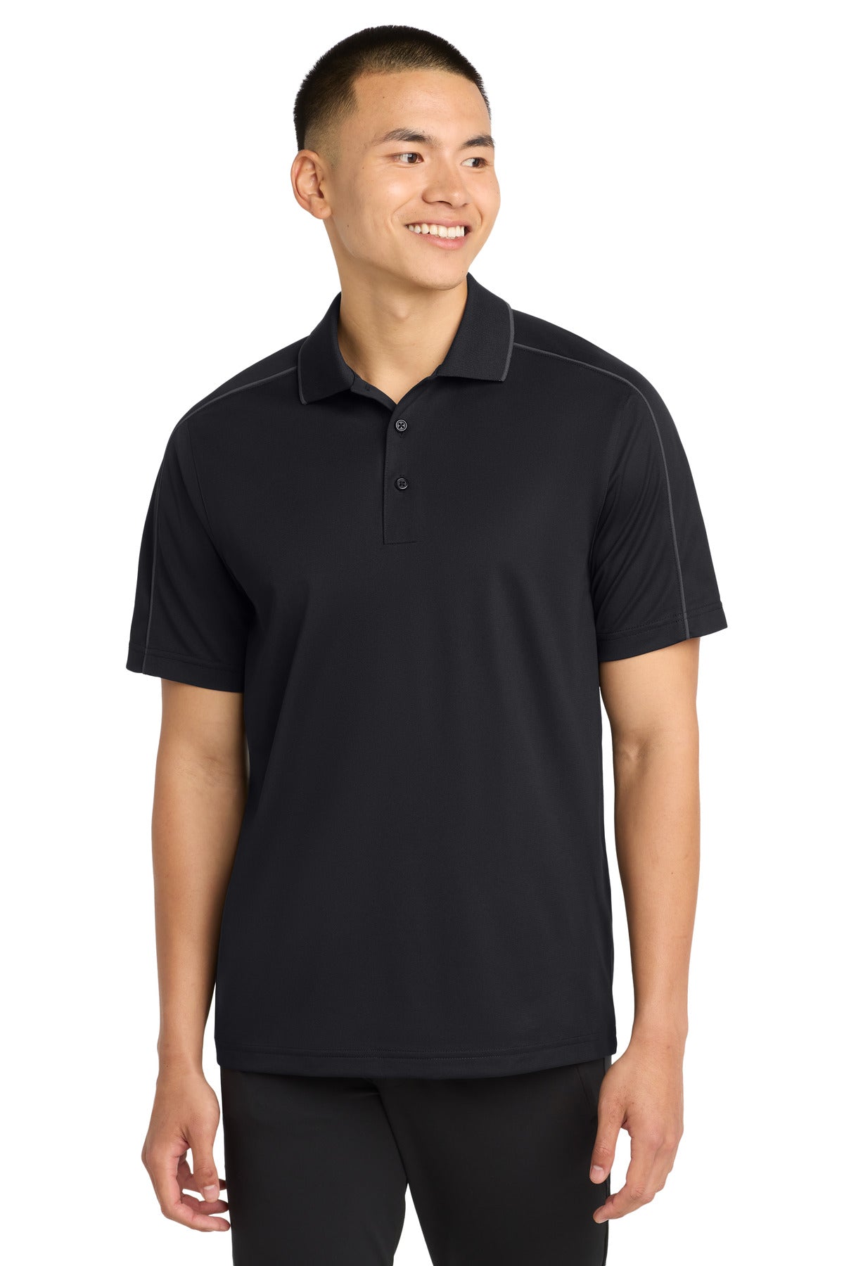Sport-Tek Micropique Sport-Wick Piped Polo. ST653 in Black/ Iron Grey