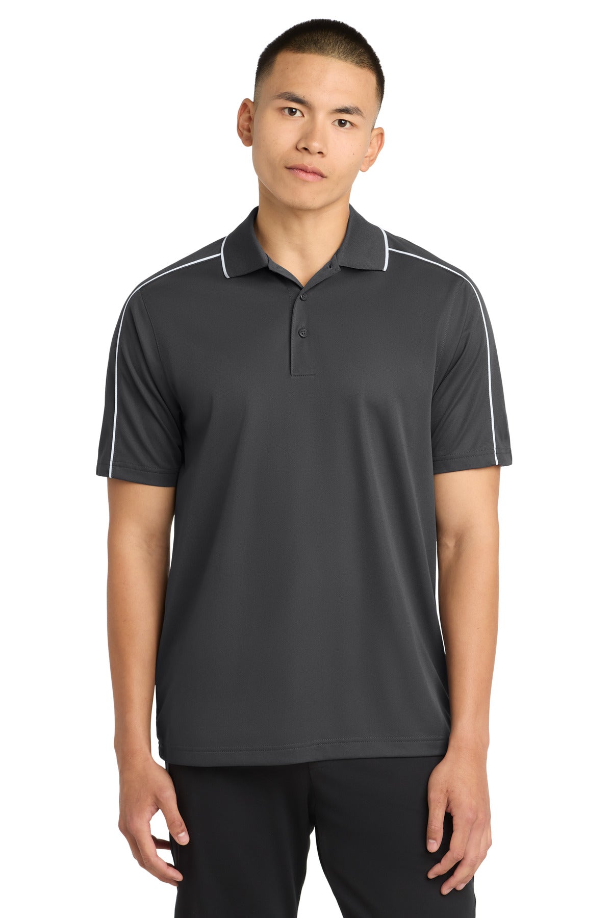 Sport-Tek Micropique Sport-Wick Piped Polo. ST653 in Iron Grey/ White