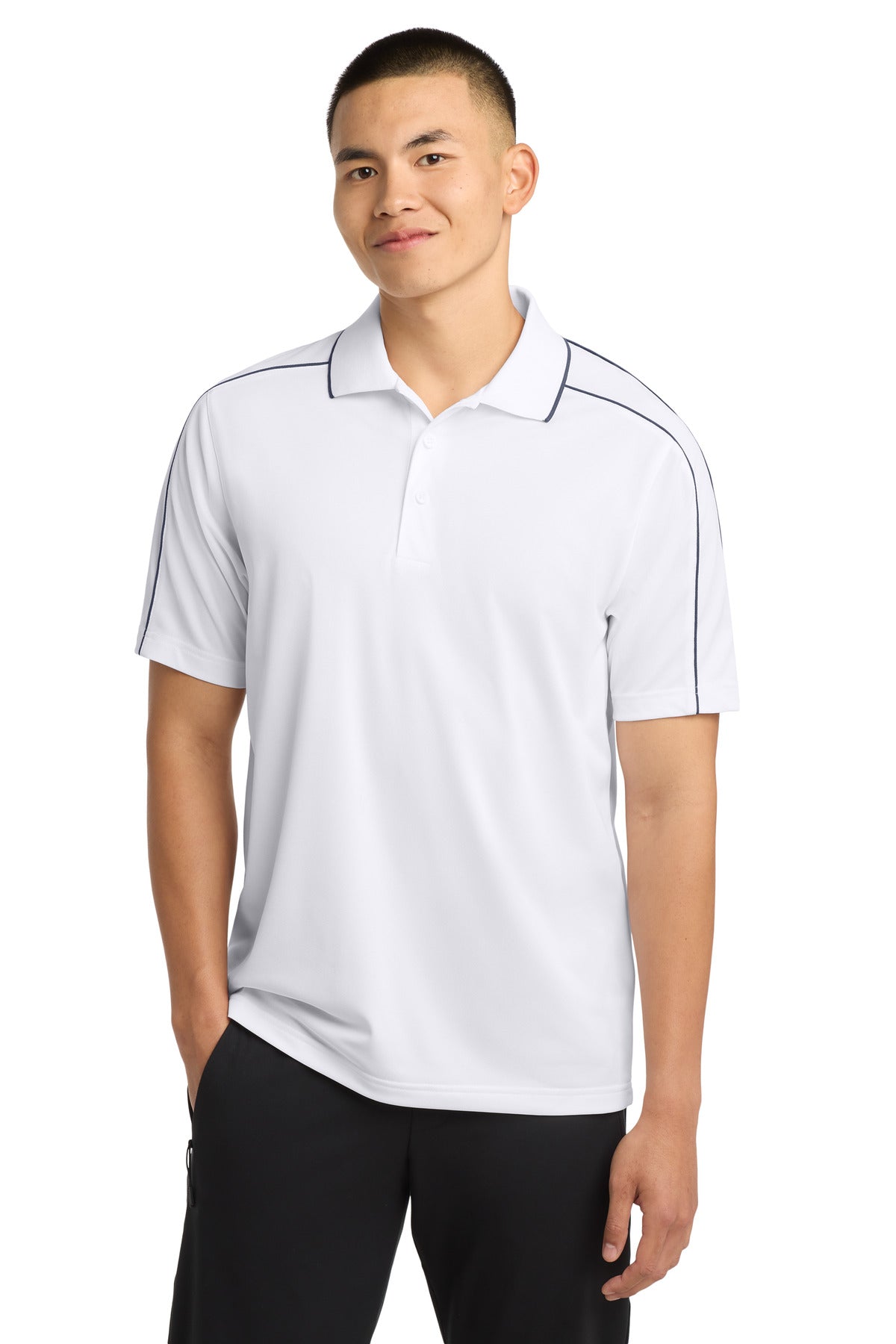 Sport-Tek Micropique Sport-Wick Piped Polo. ST653 in White/ Iron Grey