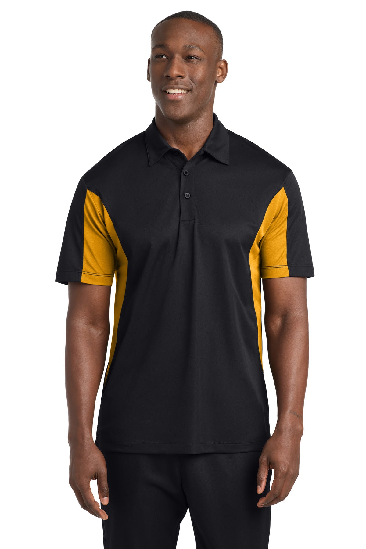 Sport-Tek Side Blocked Micropique Sport-Wick Polo. ST655 in Black/ Gold