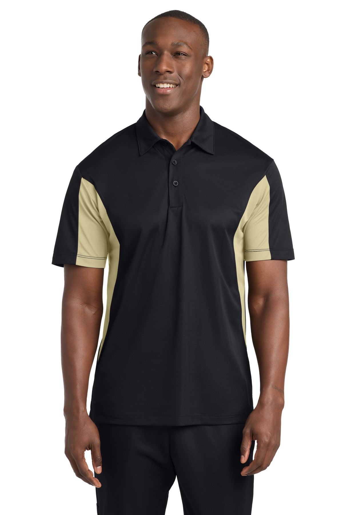 Sport-Tek Side Blocked Micropique Sport-Wick Polo. ST655 in Black/ Vegas Gold