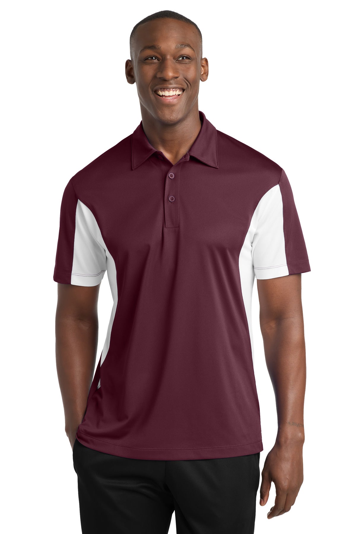 Sport-Tek Side Blocked Micropique Sport-Wick Polo. ST655 in Maroon/ White