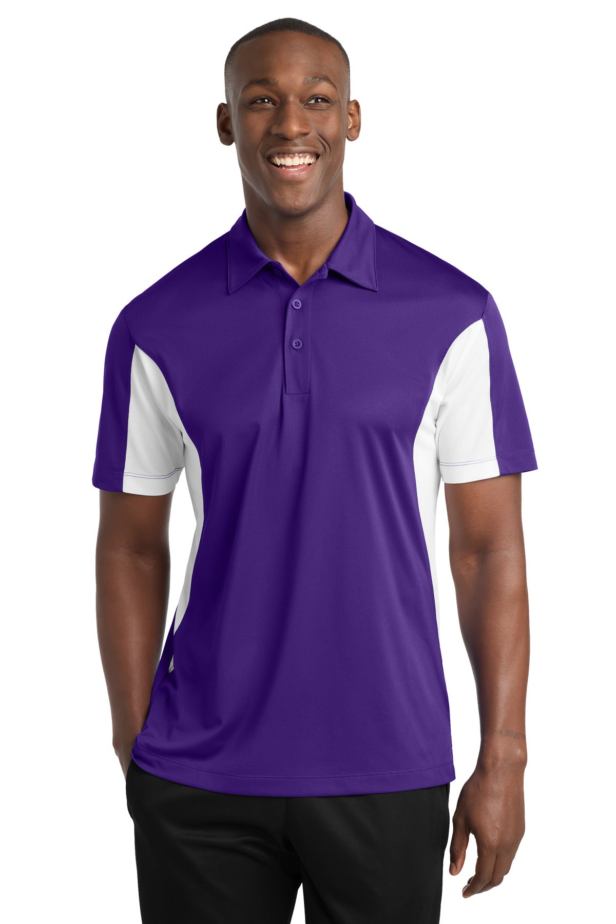 Sport-Tek Side Blocked Micropique Sport-Wick Polo. ST655 in Purple/ White