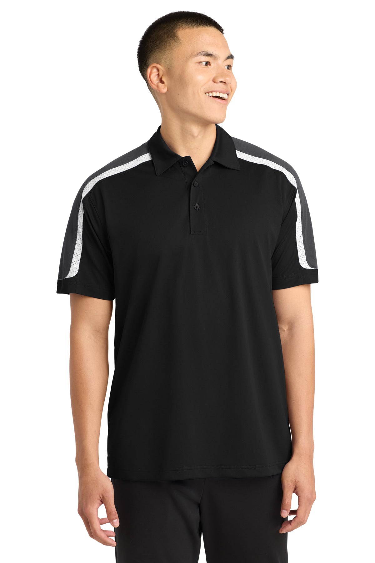 Sport-Tek Tricolor Shoulder Micropique Sport-Wick Polo. ST658 in Black/ Iron Grey/ White